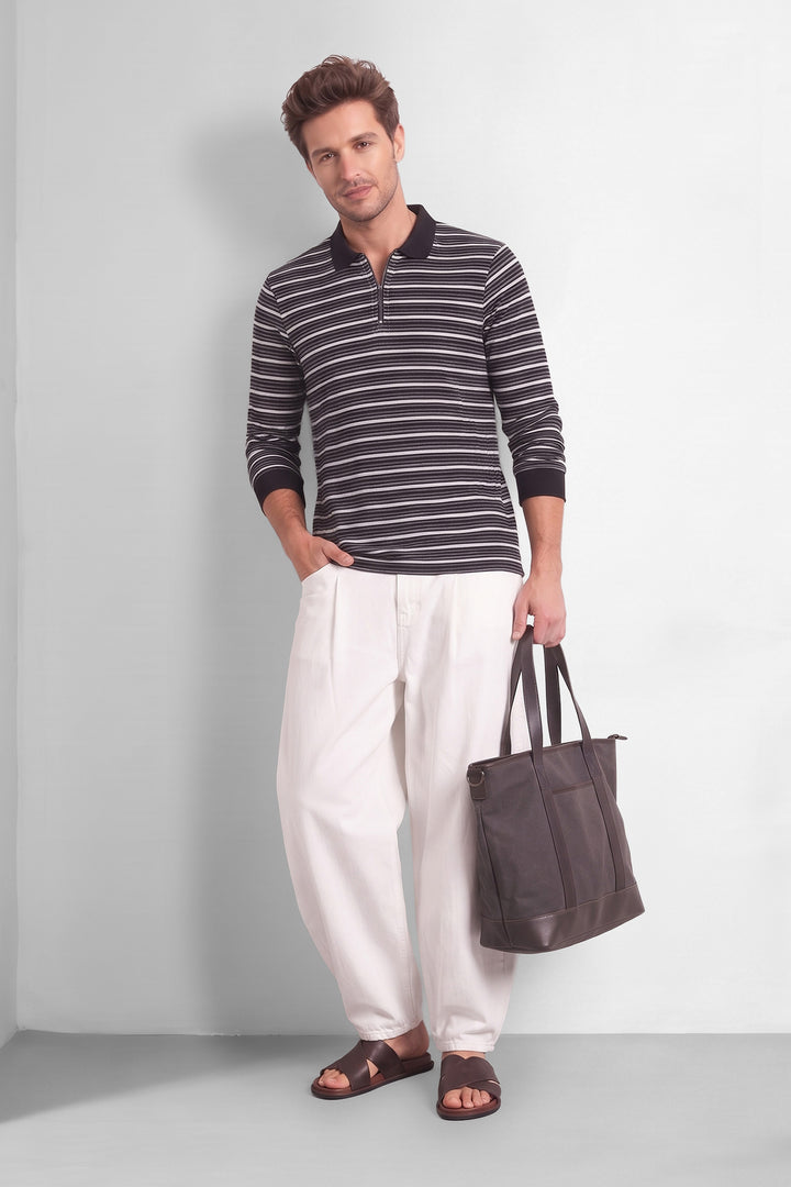Black Striped Full Sleeve Zipper T-Shirt