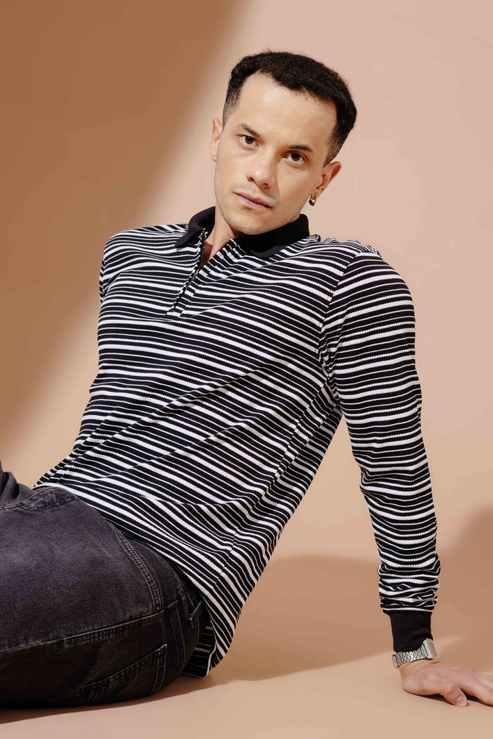 Black Self Design Zipper Collar T-Shirt