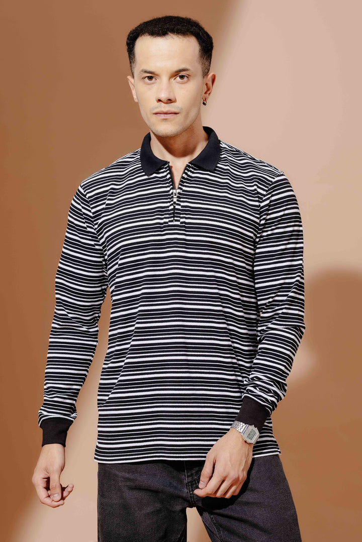 Black Self Design Zipper Collar T-Shirt