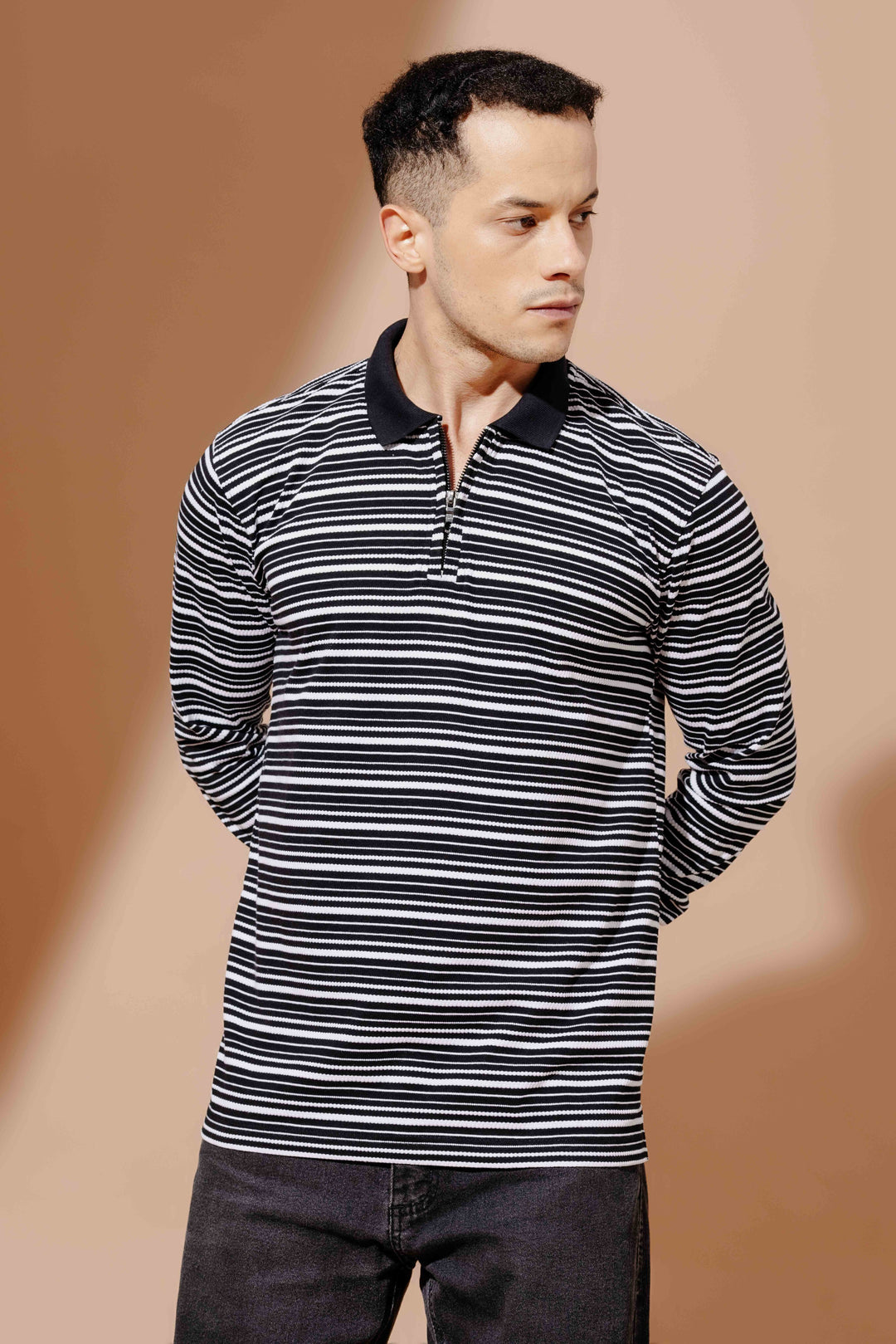 Black Self Design Zipper Collar T-Shirt