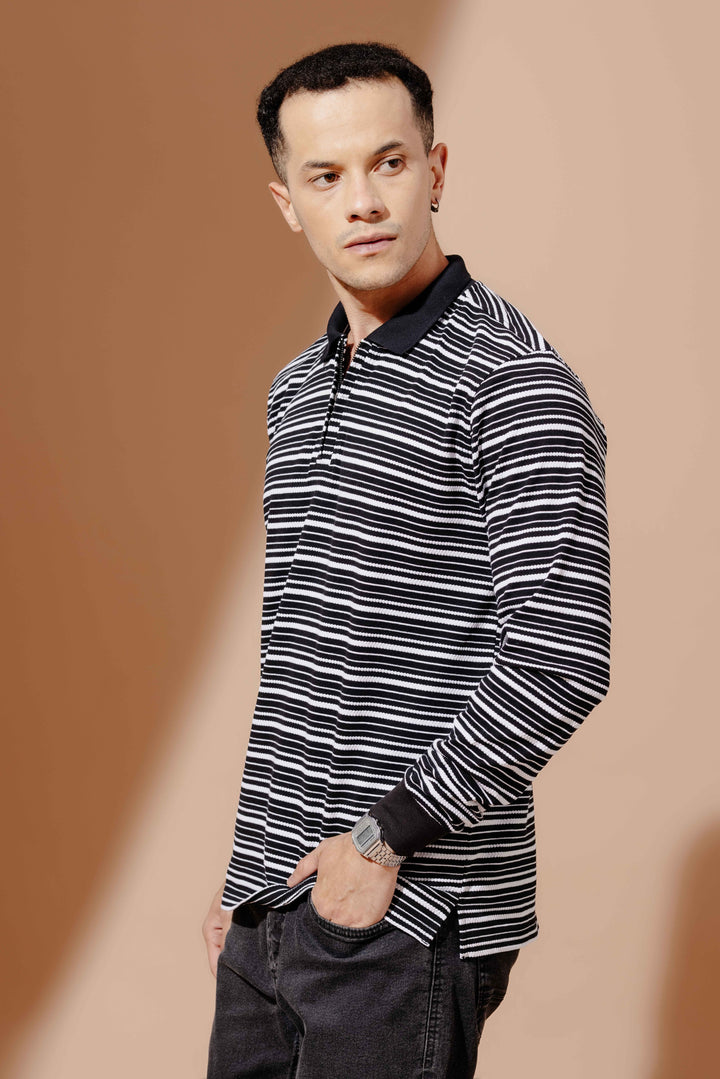 Black Self Design Zipper Collar T-Shirt