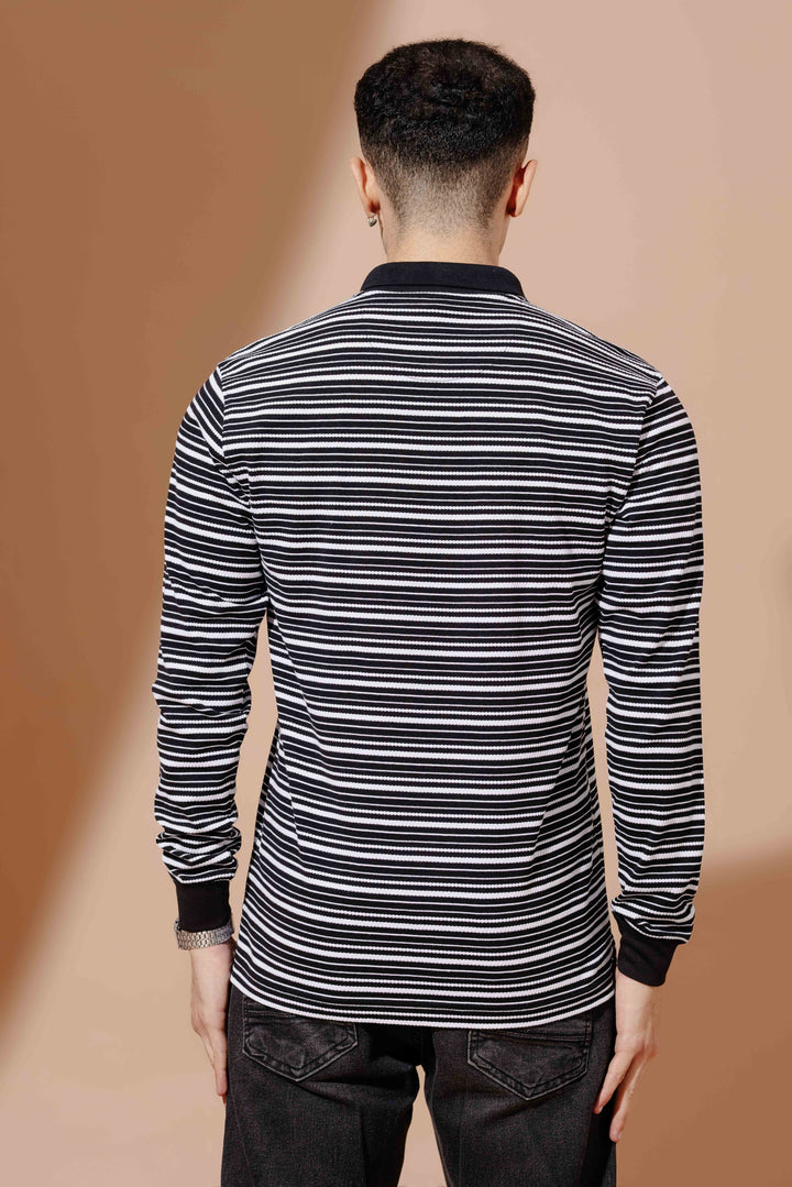 Black Self Design Zipper Collar T-Shirt