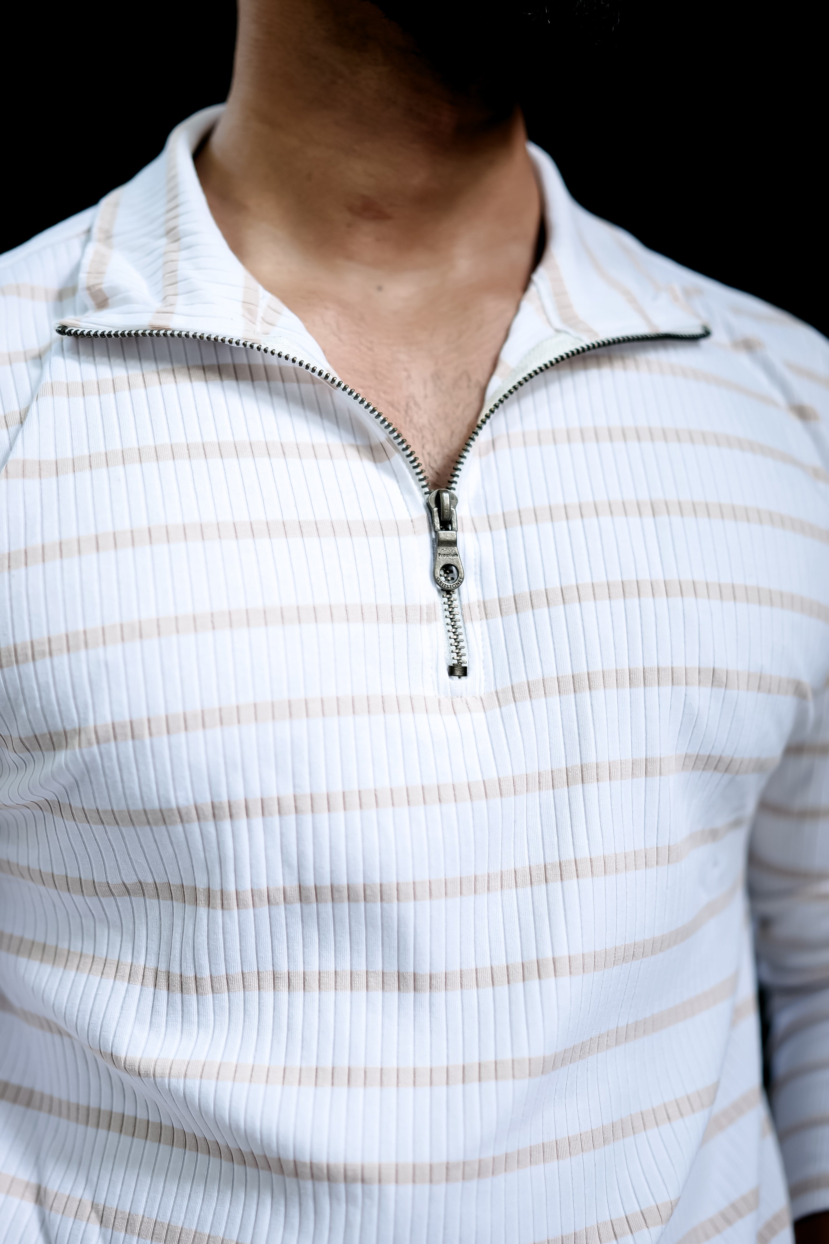 Beige White Self Design Zipper T-Shirt