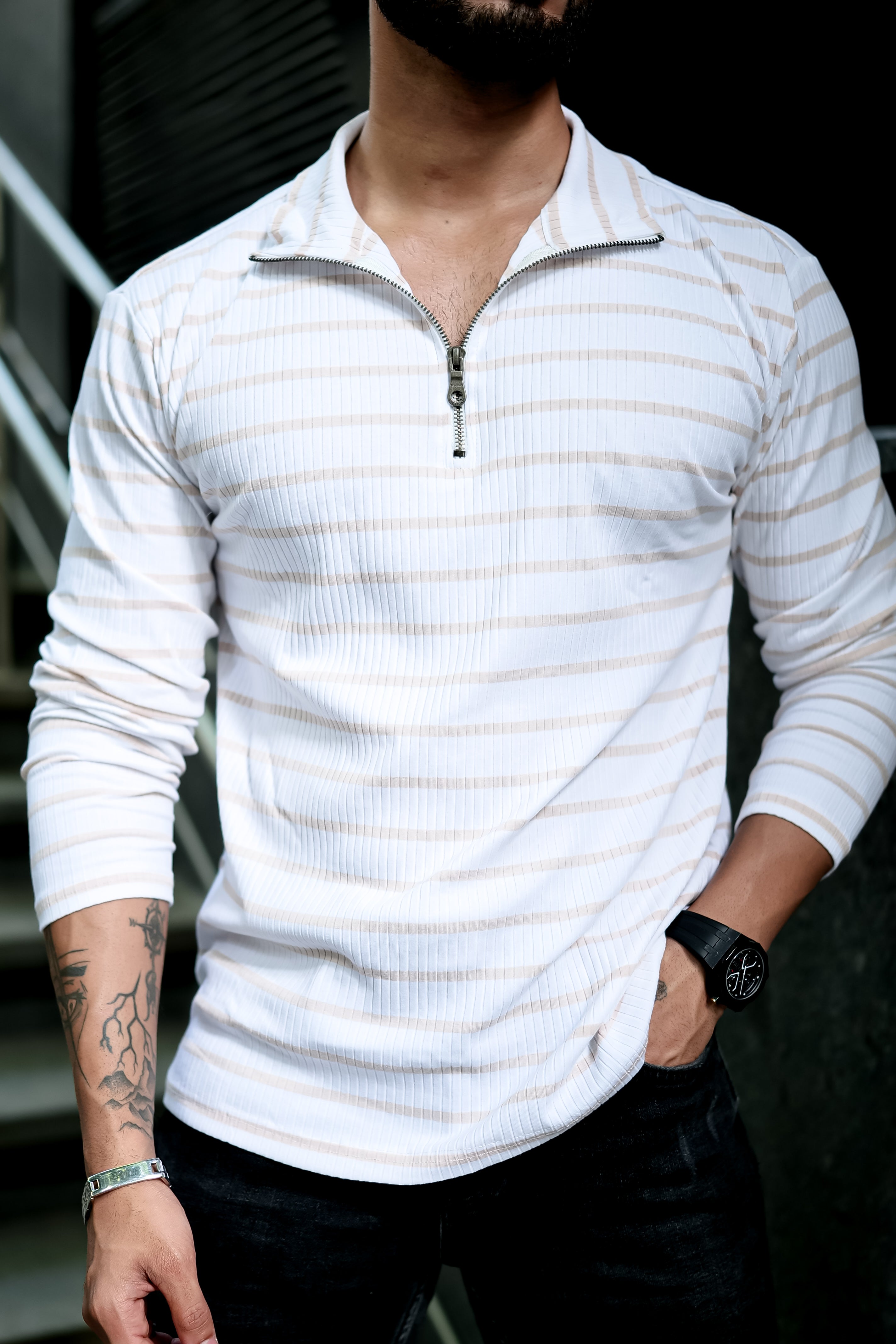 Beige White Self Design Zipper T-Shirt