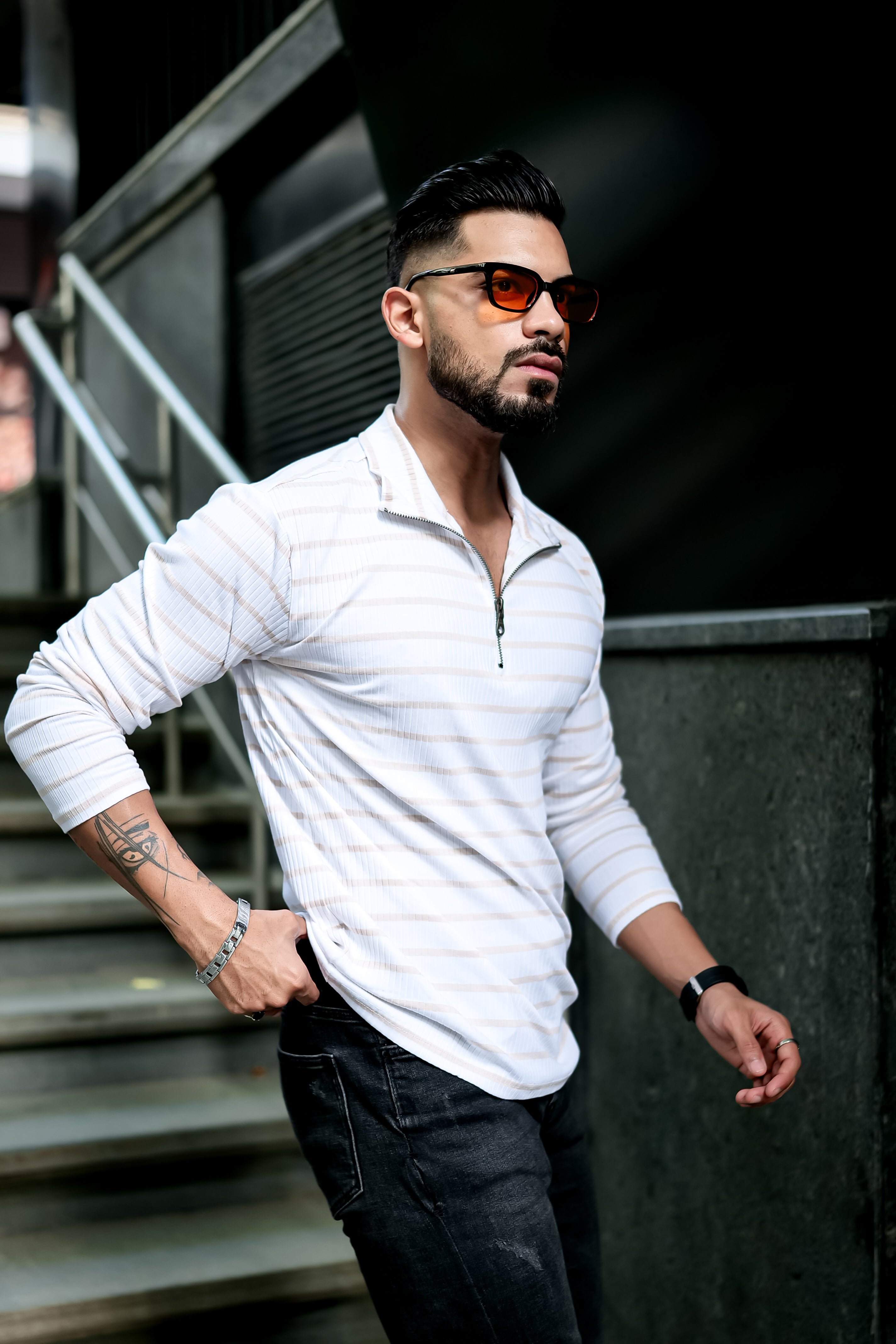 Beige White Self Design Zipper T-Shirt