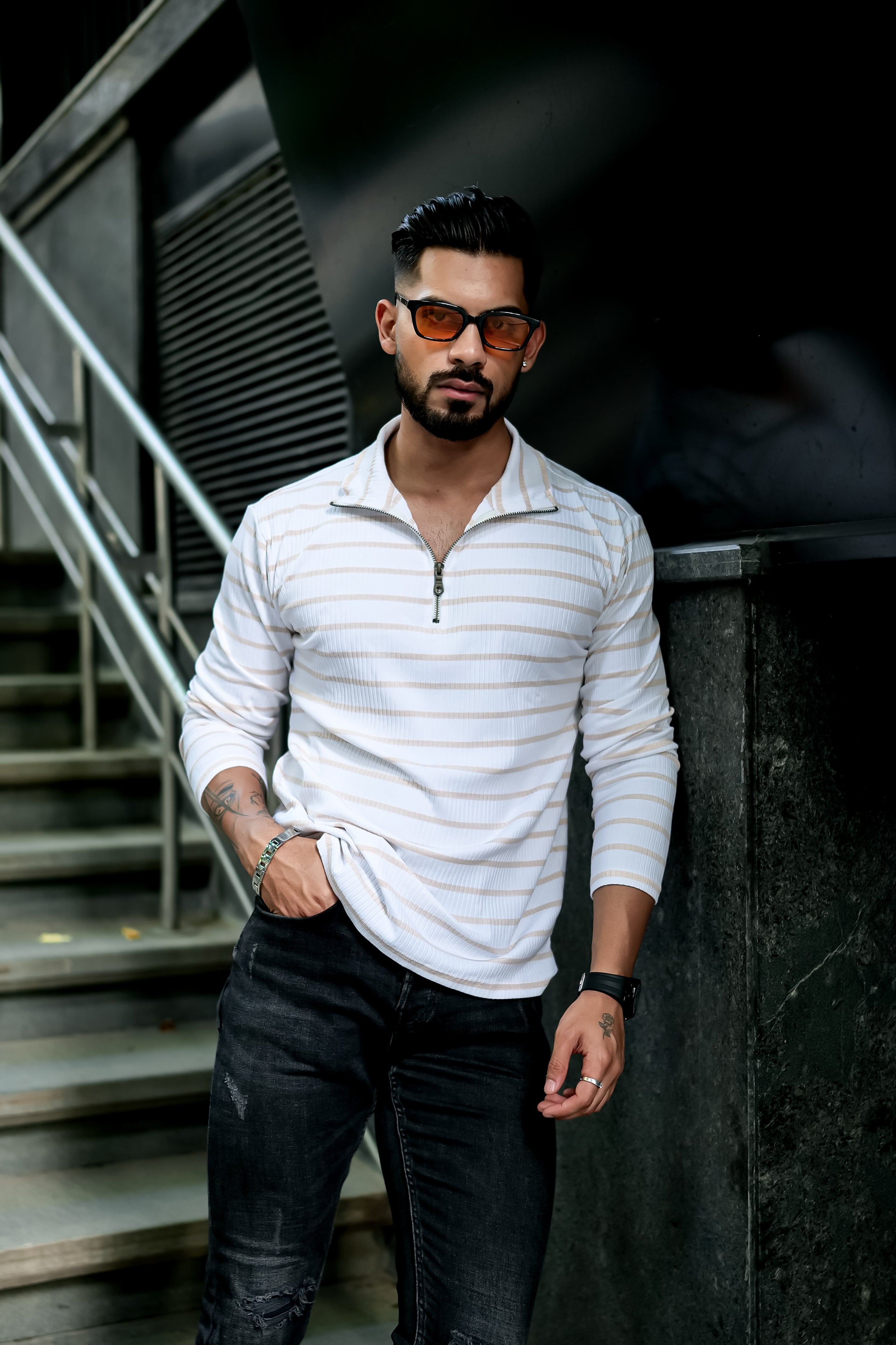 Beige White Self Design Zipper T-Shirt