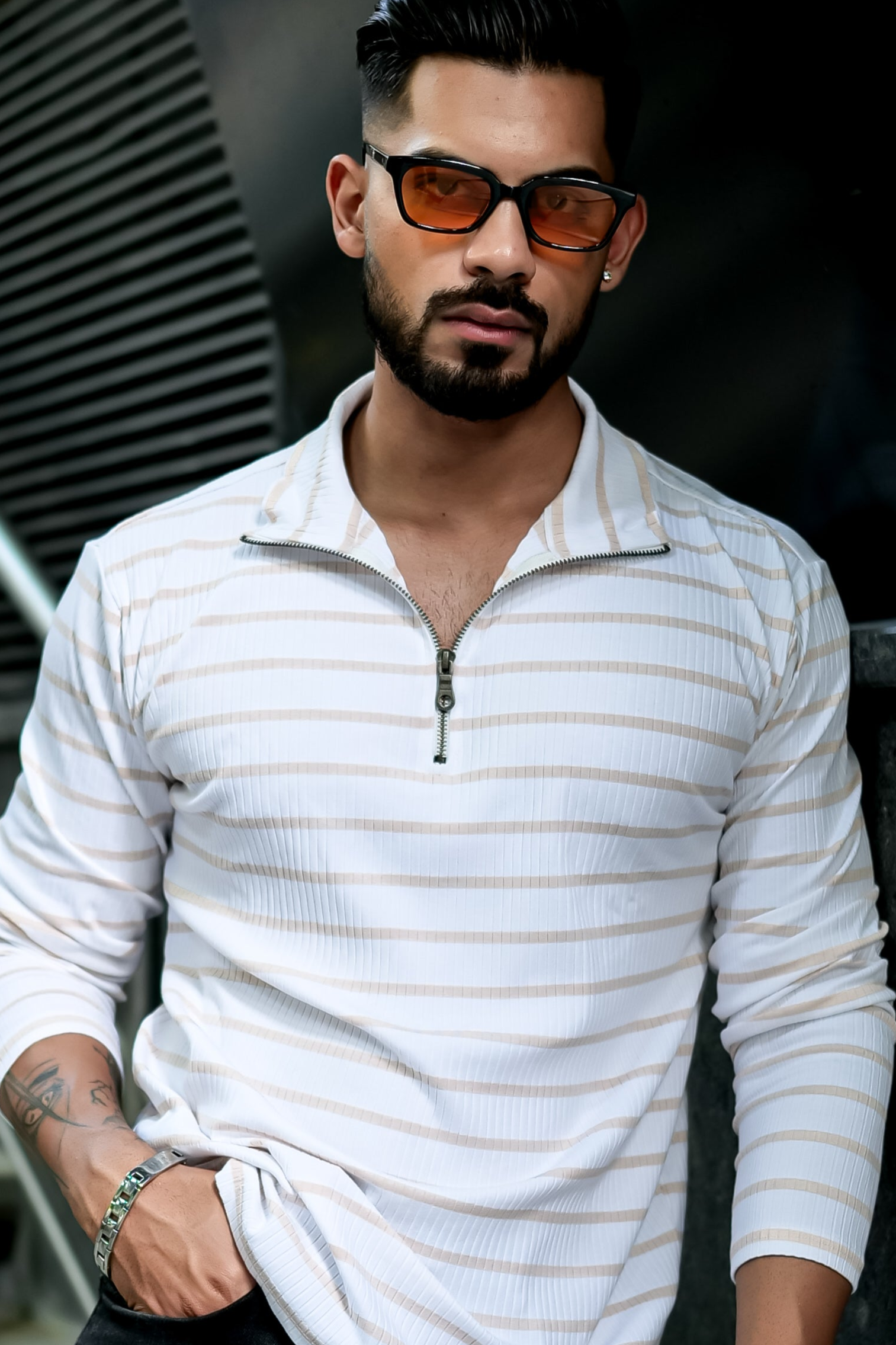 Beige White Self Design Zipper T-Shirt