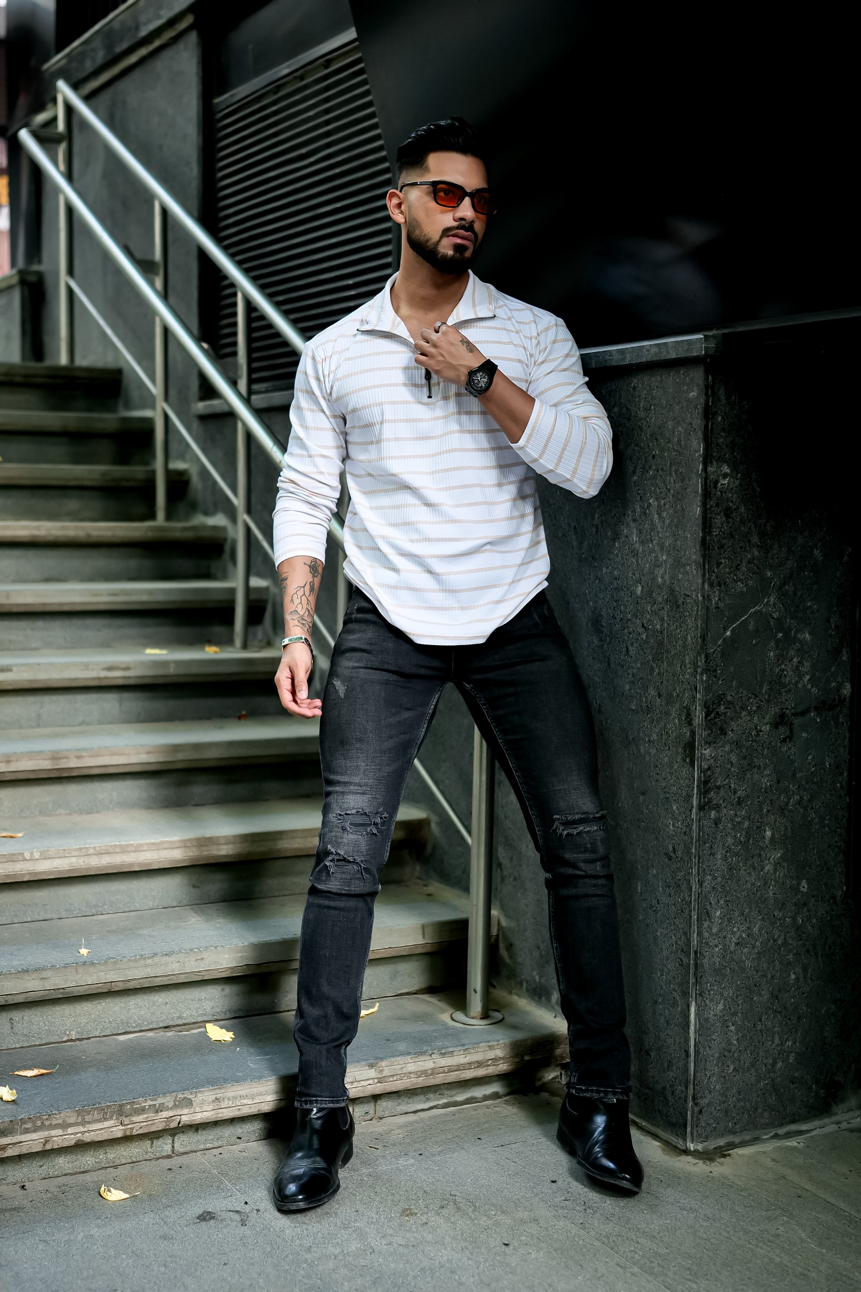 Beige White Self Design Zipper T-Shirt