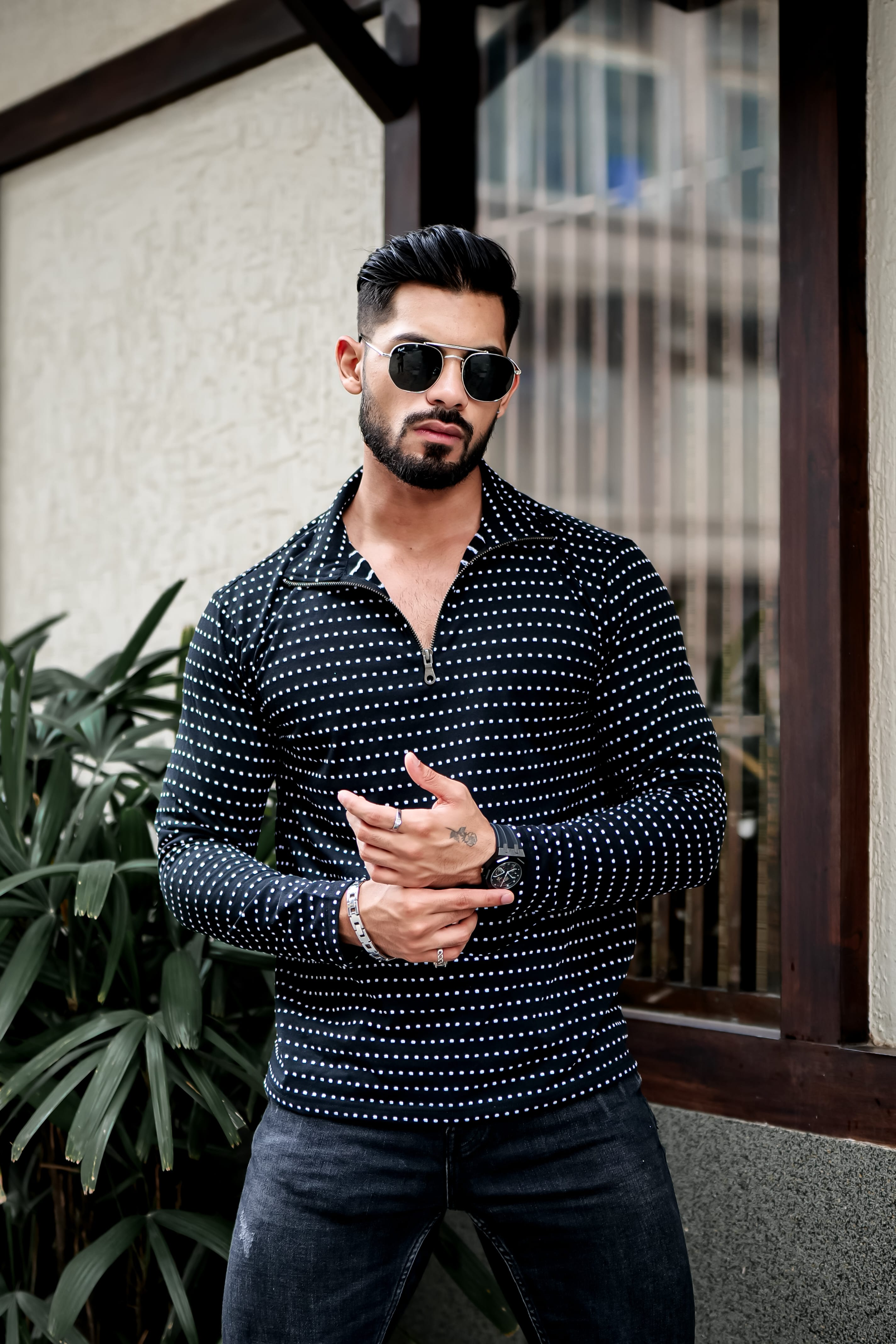 Black Dot Self Design Zipper T-Shirt