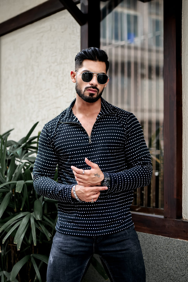 Black Dot Self Design Zipper T-Shirt