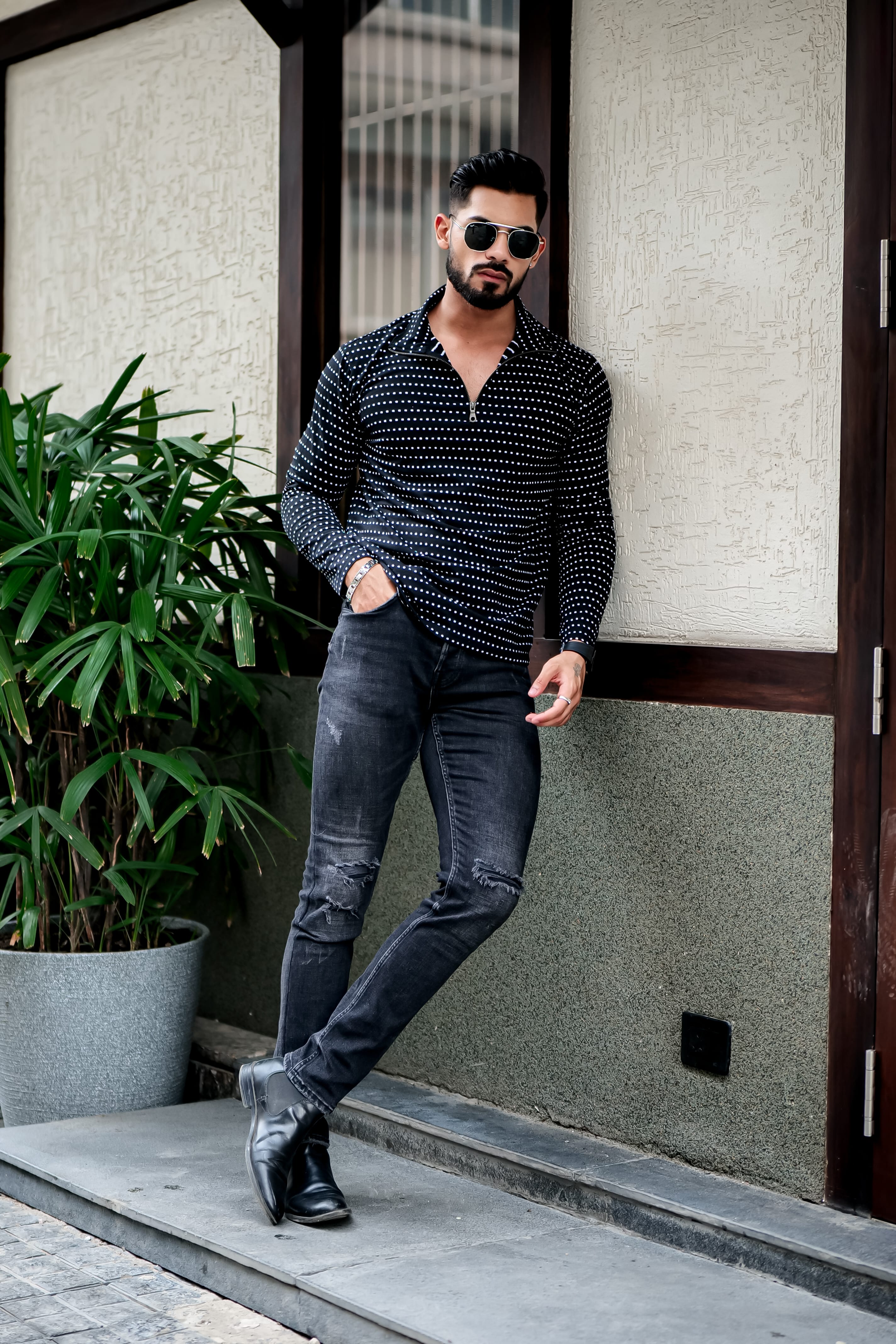 Black Dot Self Design Zipper T-Shirt