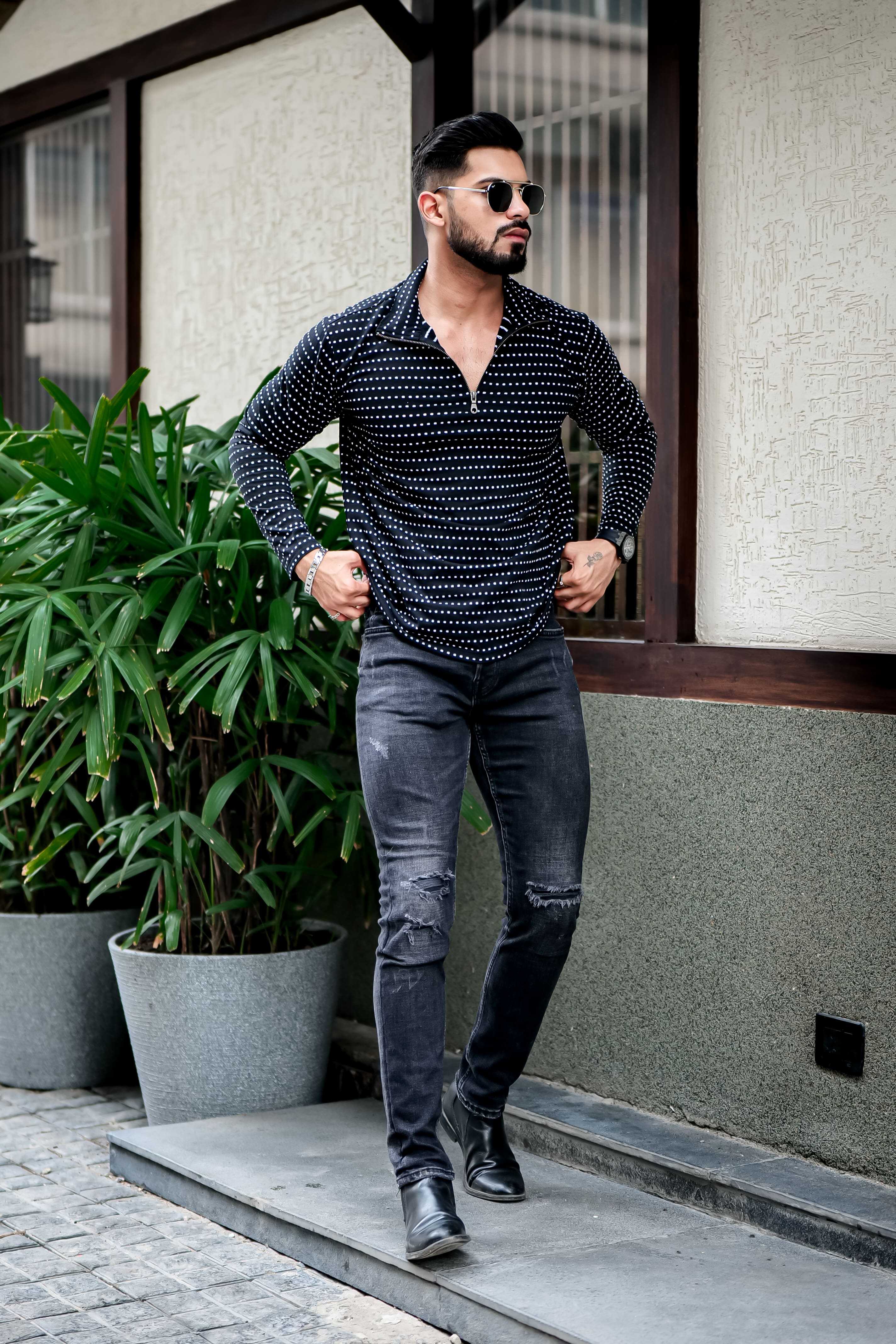 Black Dot Self Design Zipper T-Shirt