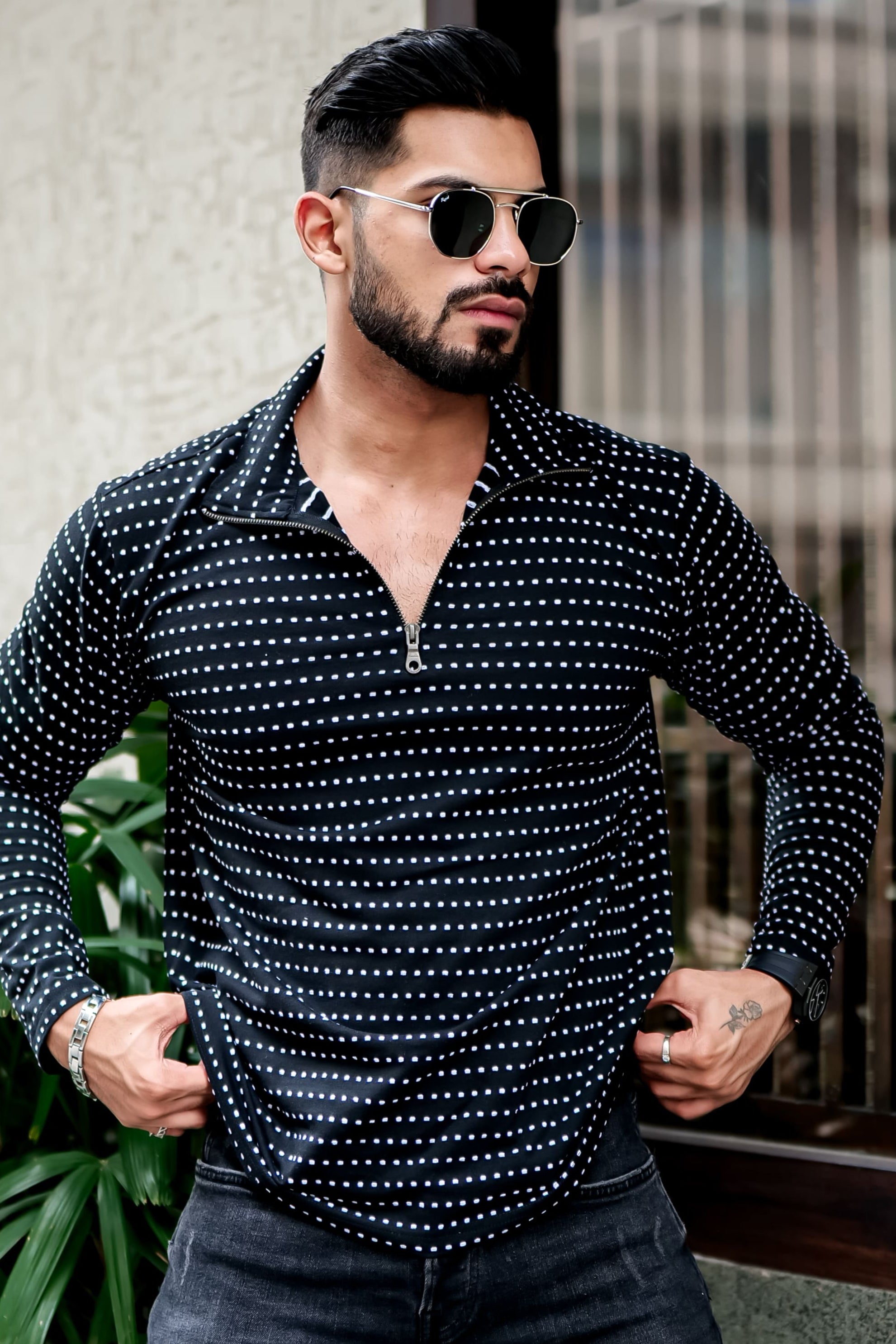 Black Dot Self Design Zipper T-Shirt