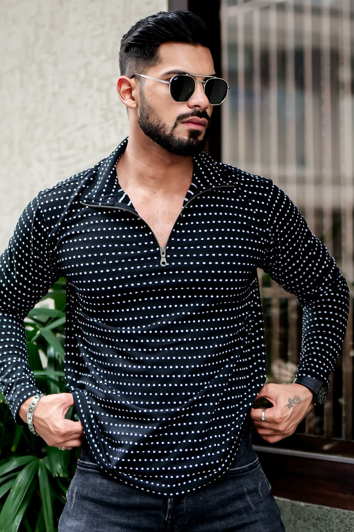 Black Dot Self Design Zipper T-Shirt
