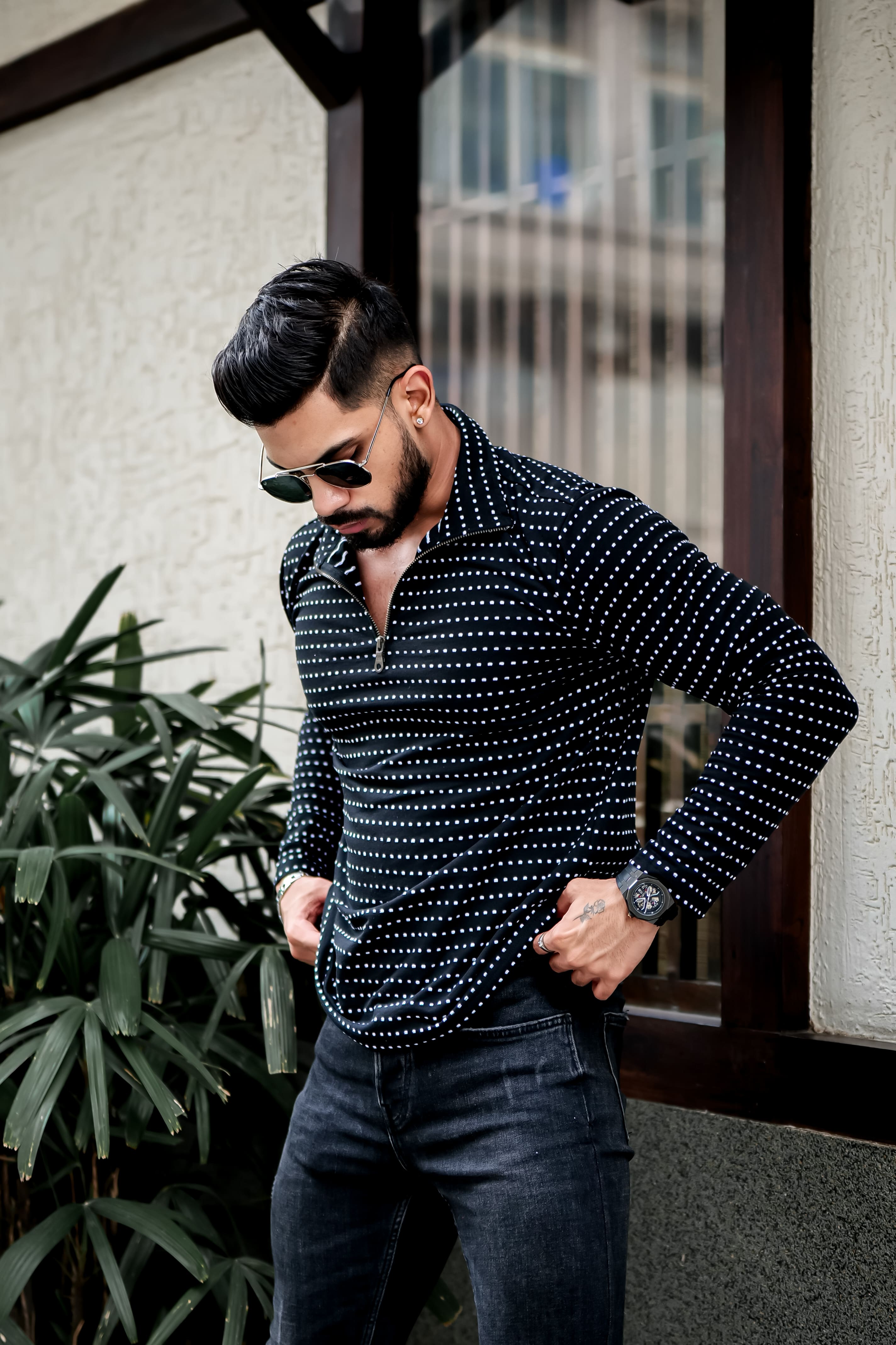 Black Dot Self Design Zipper T-Shirt