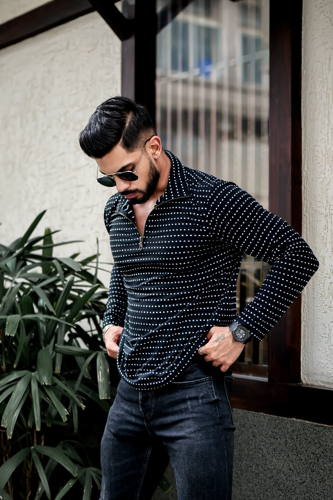 Black Dot Self Design Zipper T-Shirt