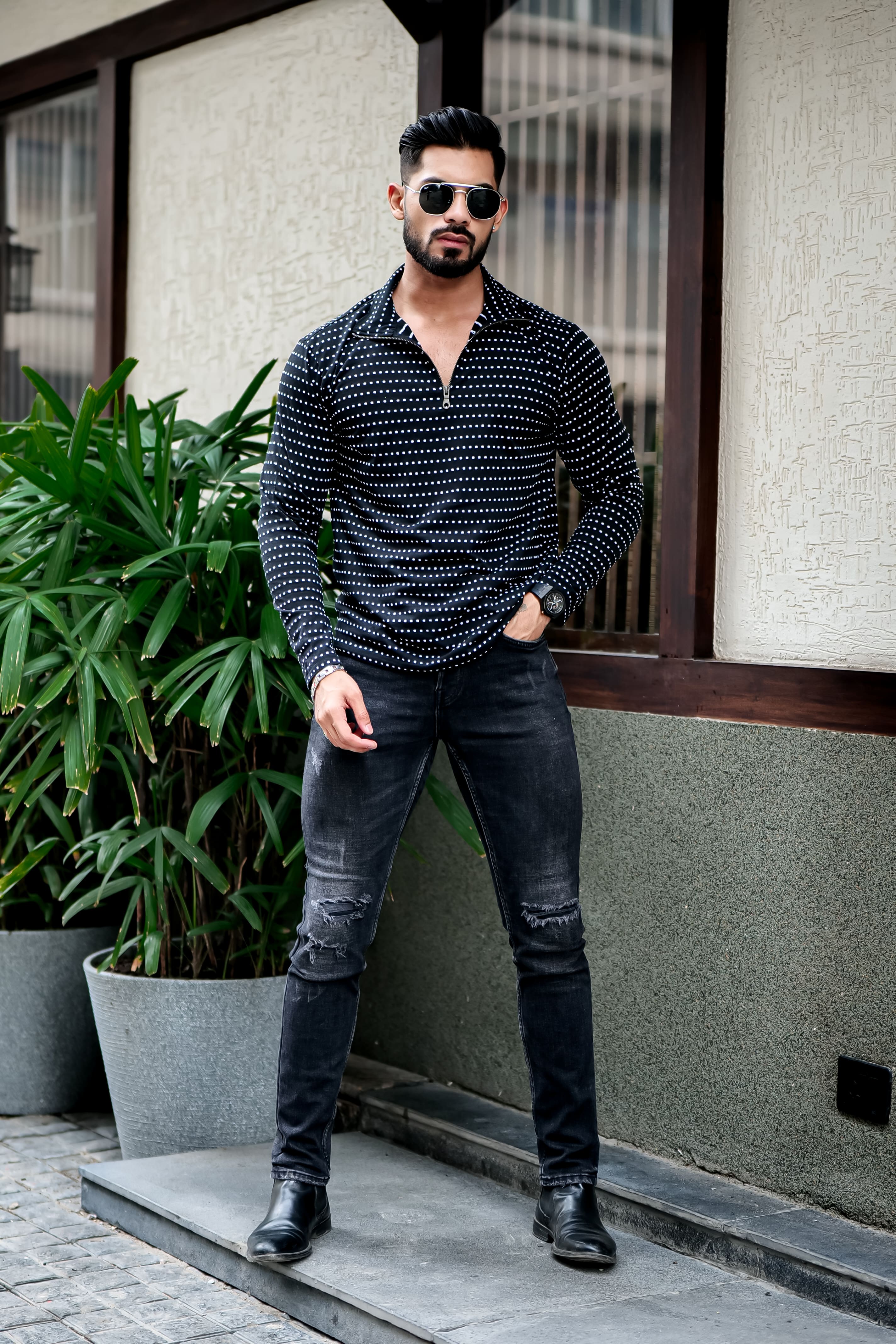 Black Dot Self Design Zipper T-Shirt