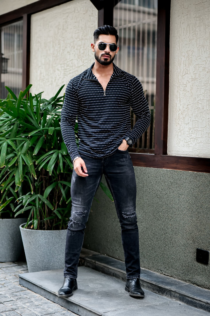 Black Dot Self Design Zipper T-Shirt