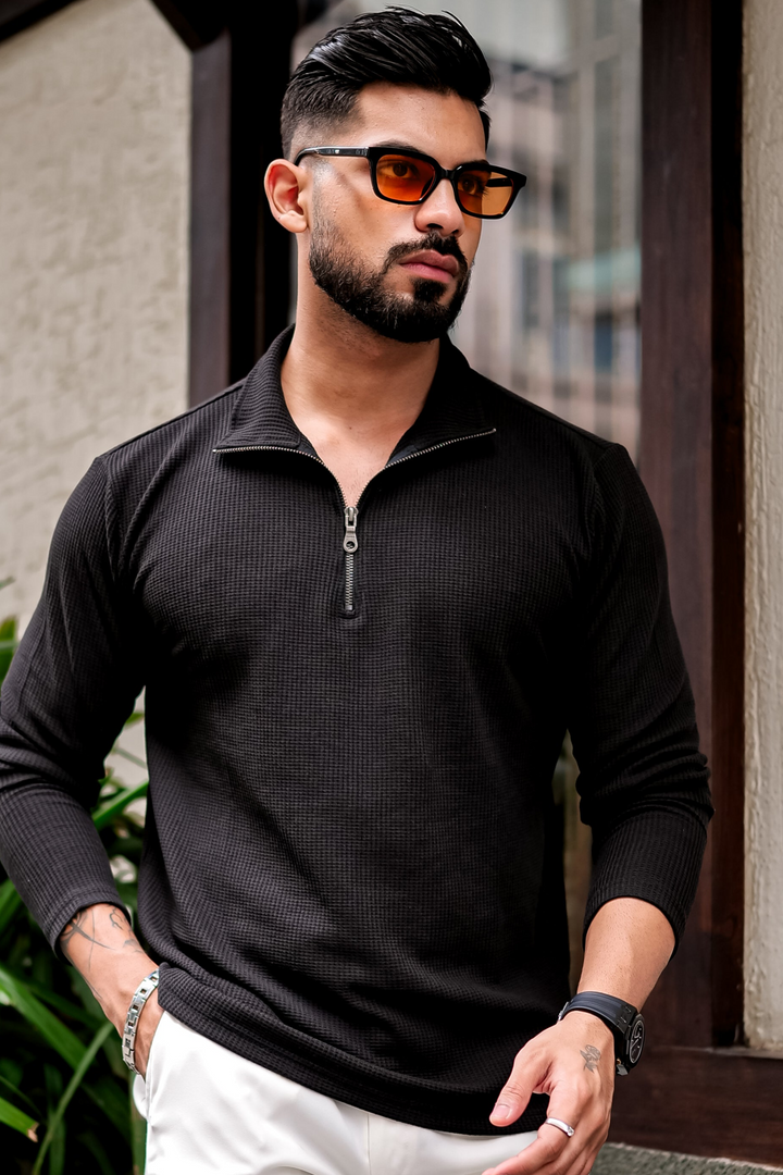 Black Waffle Zipper Self Design T-Shirt