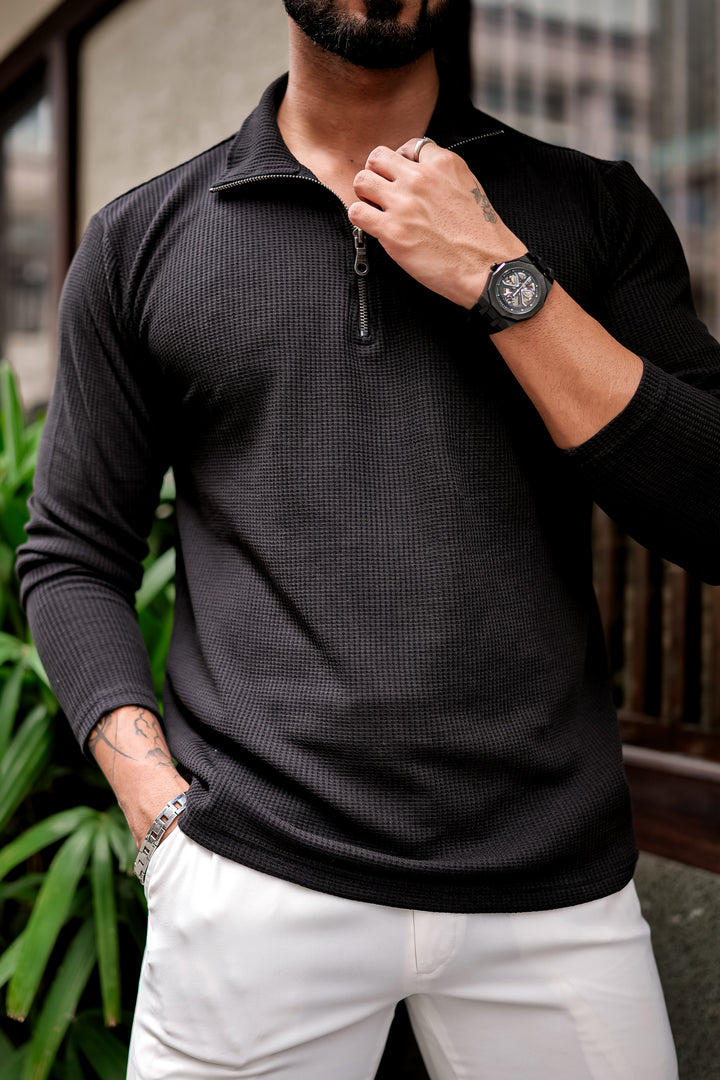 Black Waffle Zipper Self Design T-Shirt