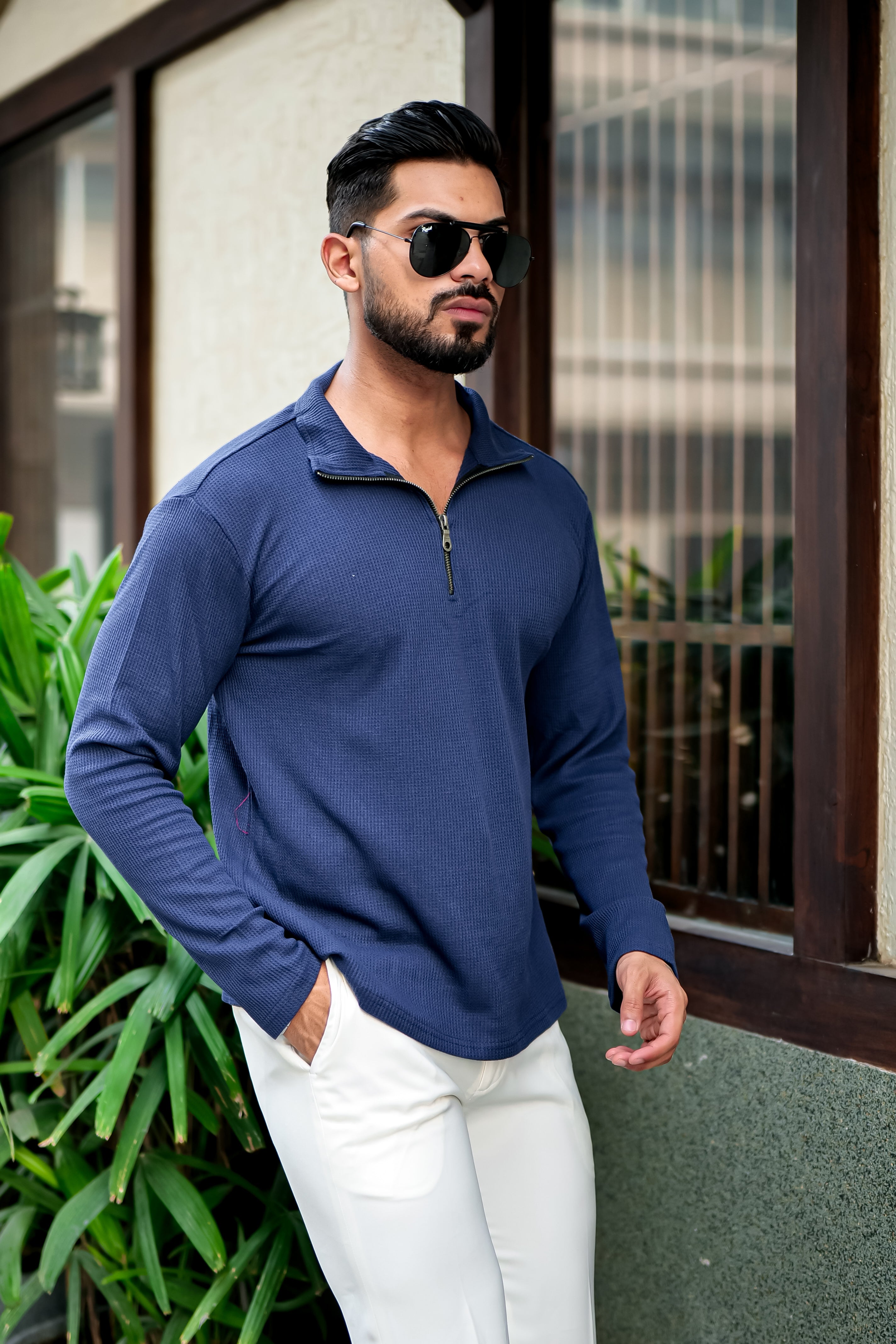 Navy Blue Waffle Self Design Zipper T-Shirt
