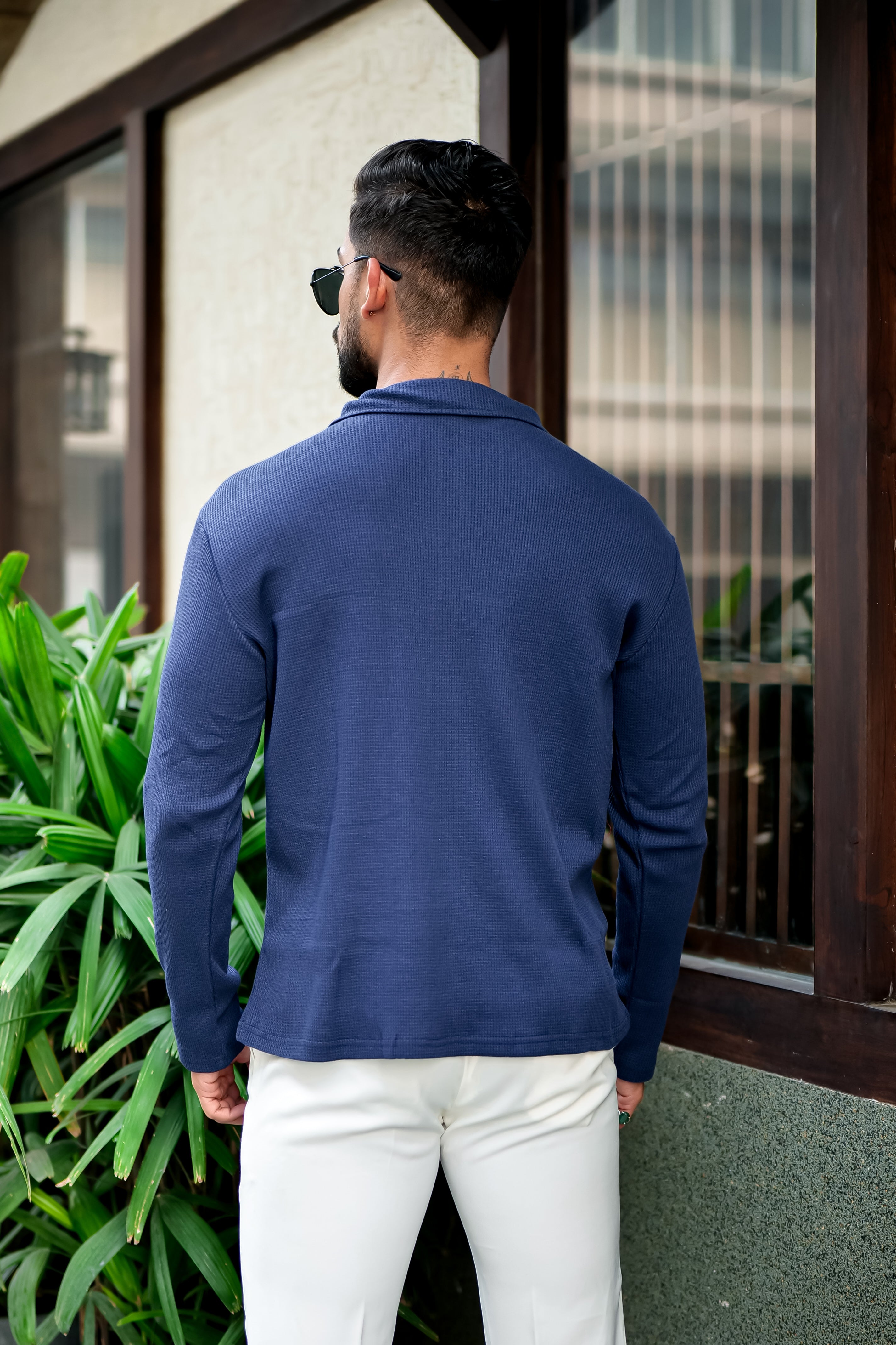 Navy Blue Waffle Self Design Zipper T-Shirt