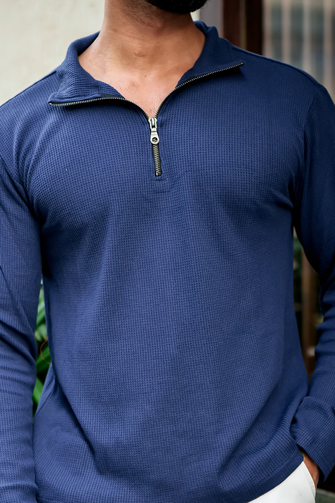 Navy Blue Waffle Self Design Zipper T-Shirt