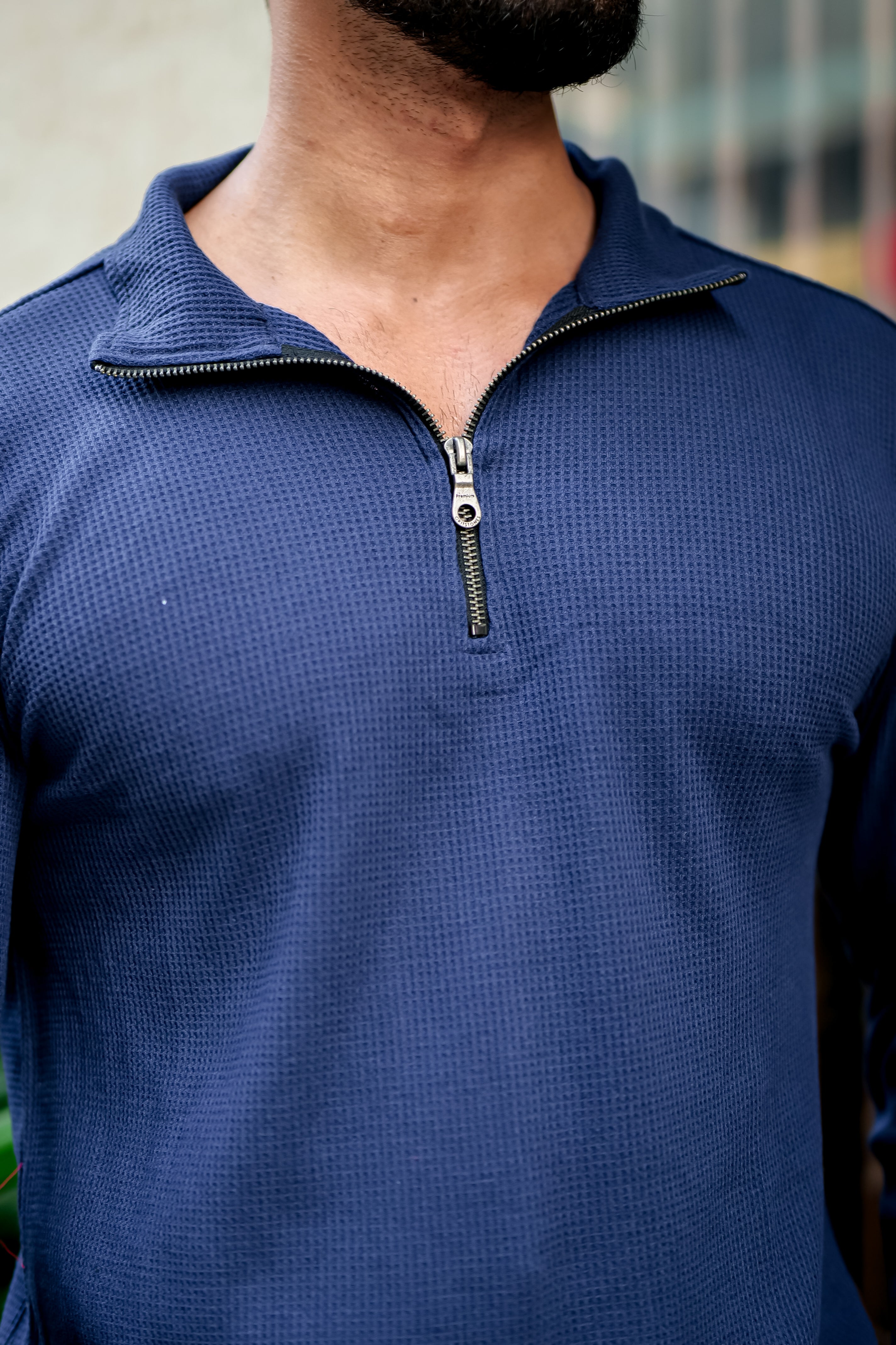 Navy Blue Waffle Self Design Zipper T-Shirt