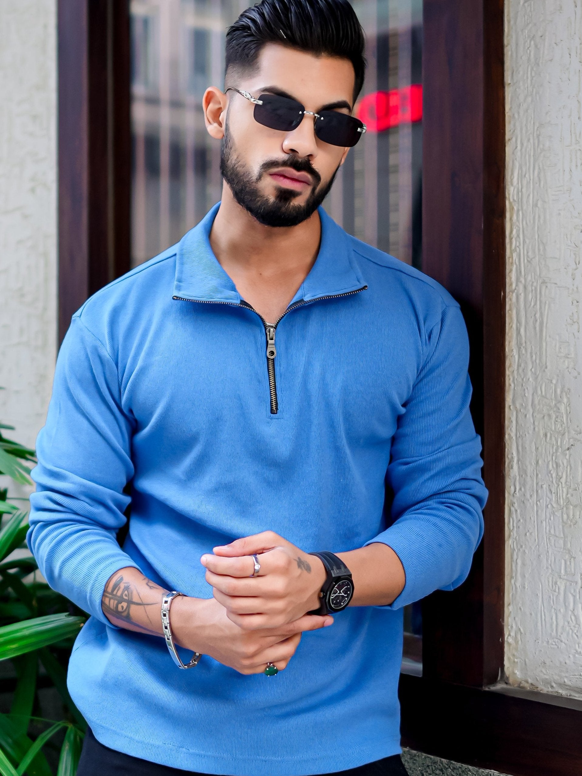 Blue Rib Zipper Self Design T-Shirt
