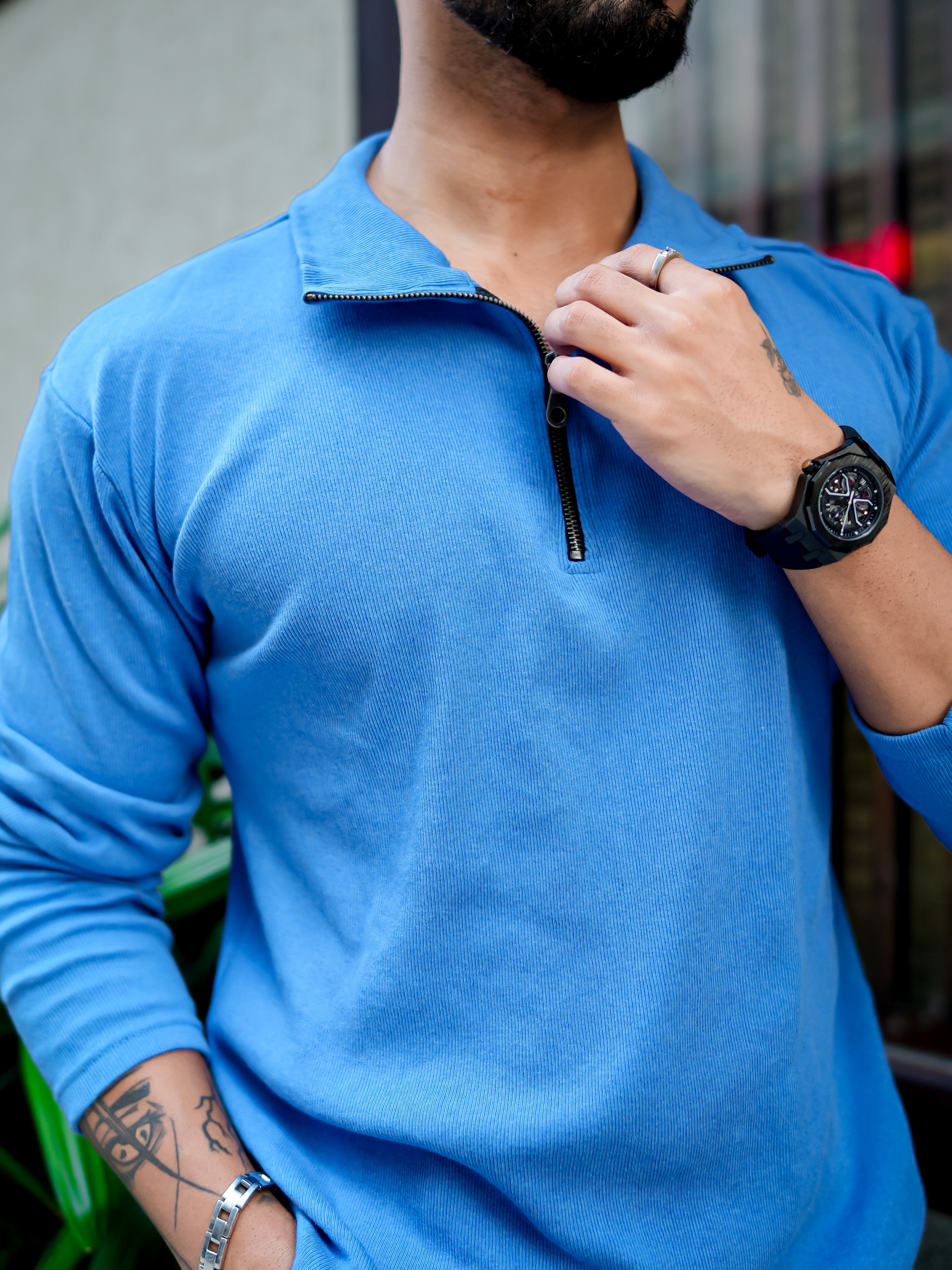 Blue Rib Zipper Self Design T-Shirt