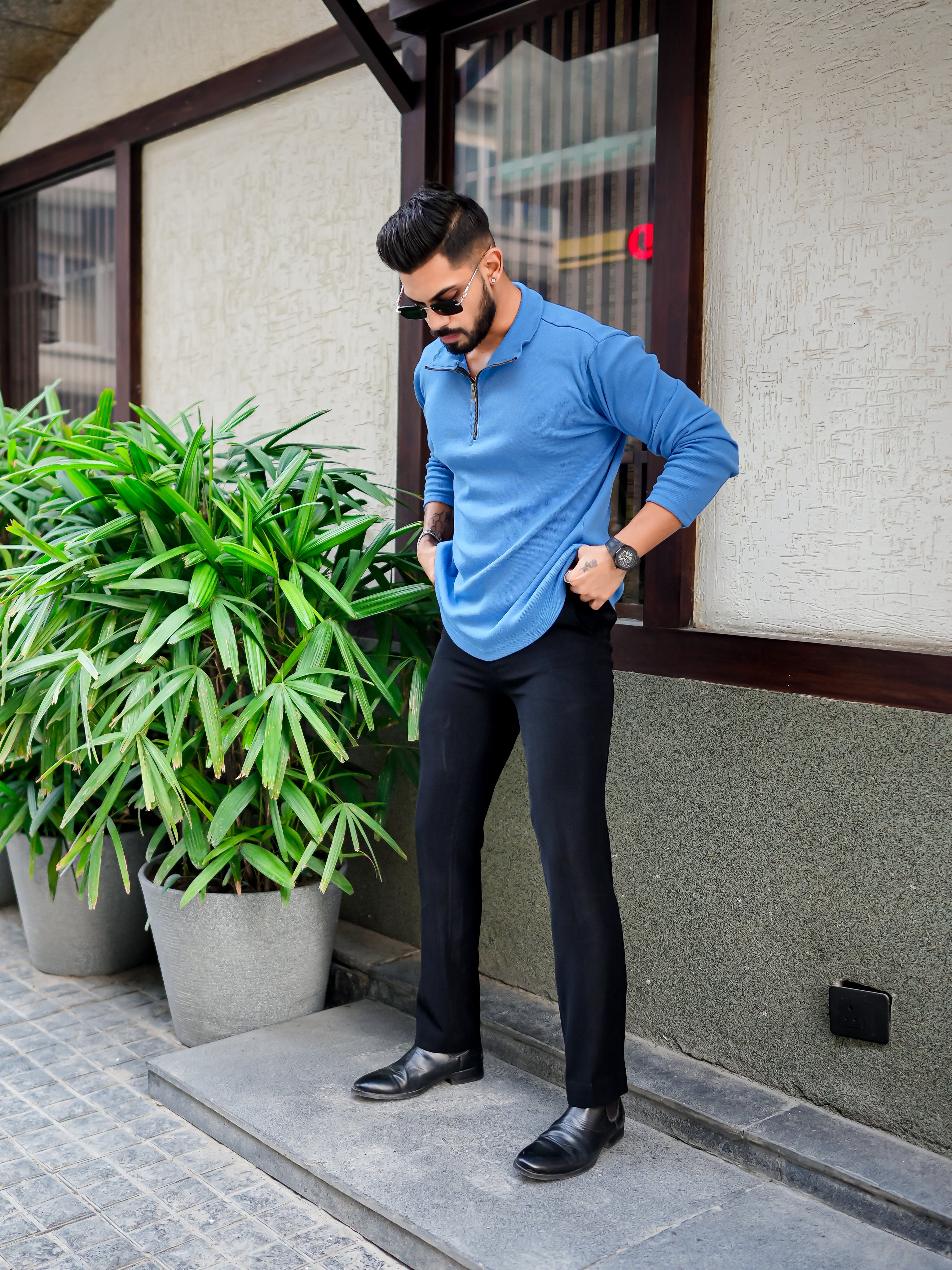 Blue Rib Zipper Self Design T-Shirt