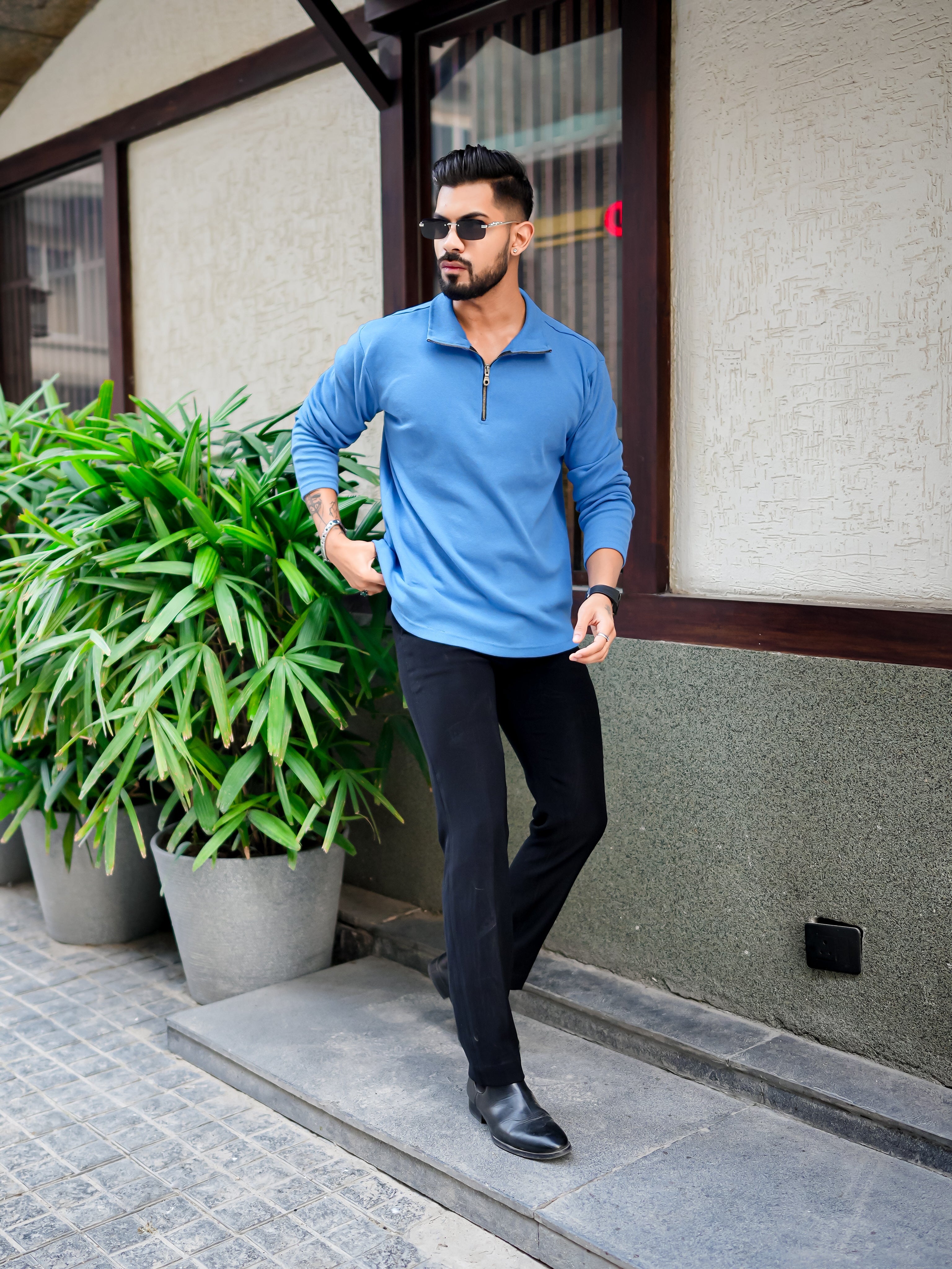 Blue Rib Zipper Self Design T-Shirt