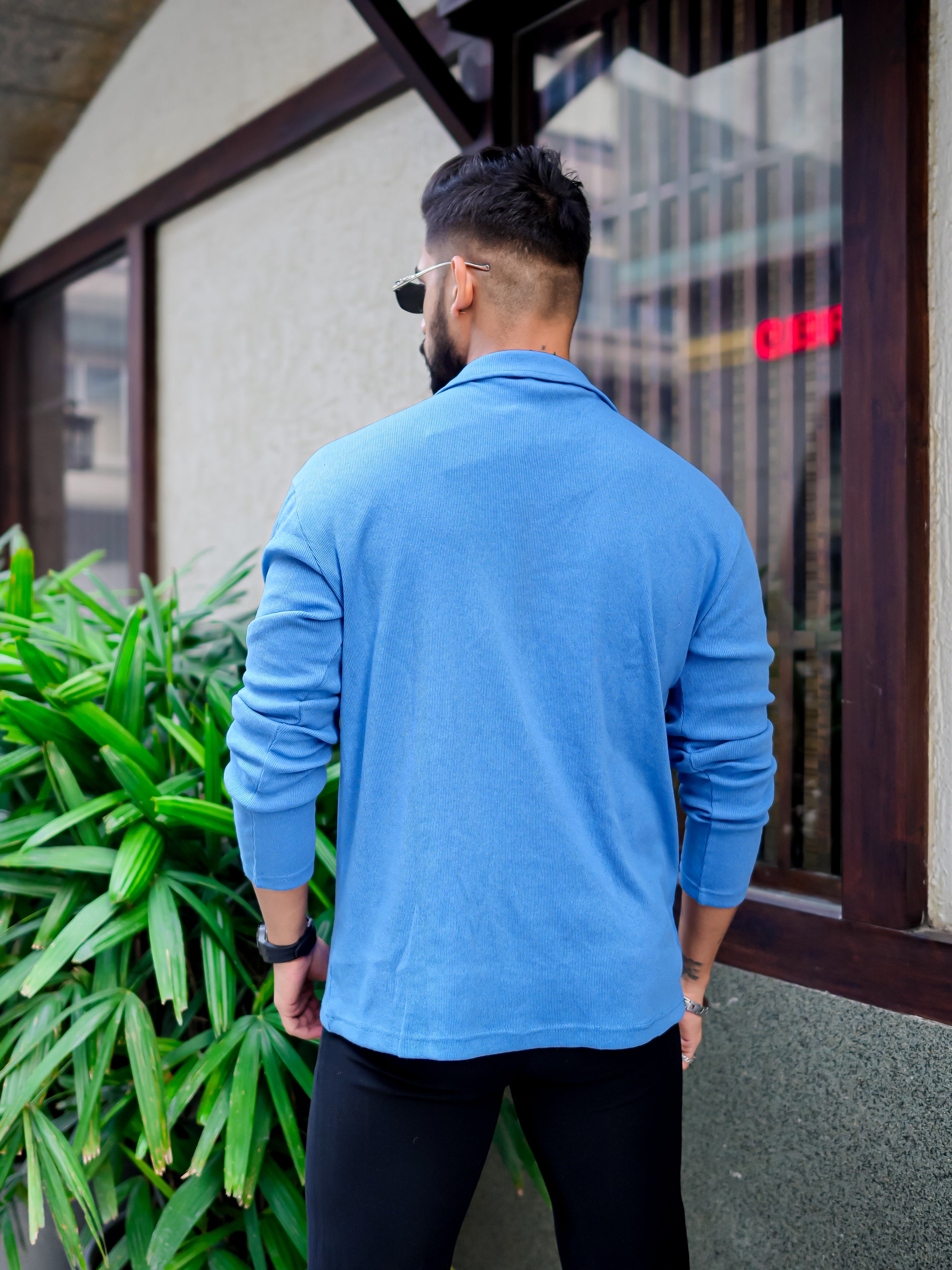 Blue Rib Zipper Self Design T-Shirt