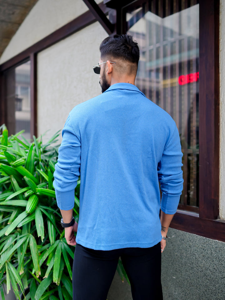 Blue Rib Zipper Self Design T-Shirt