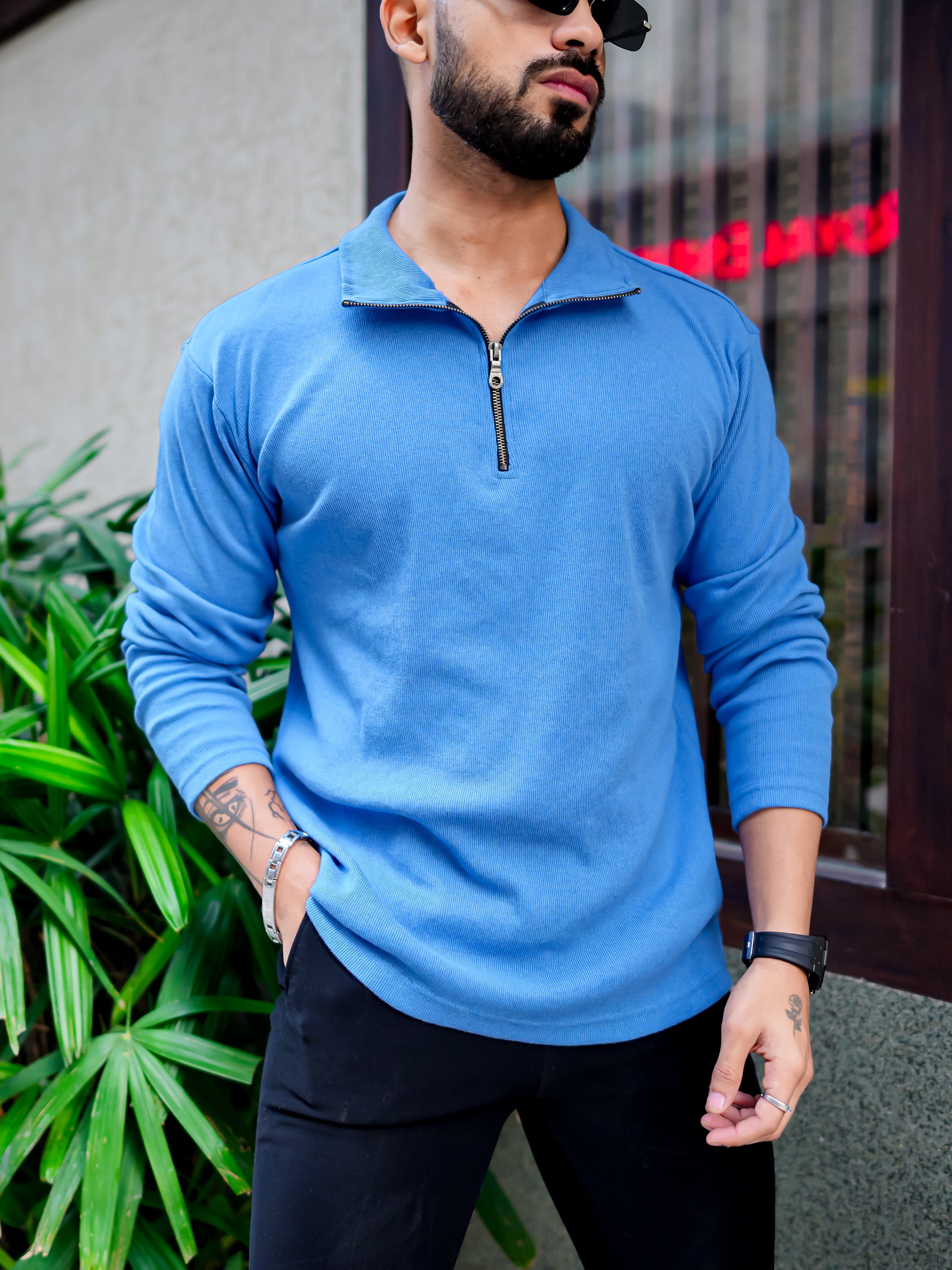 Blue Rib Zipper Self Design T-Shirt