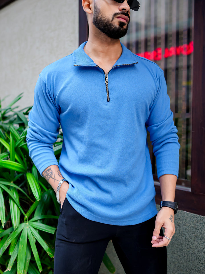 Blue Rib Zipper Self Design T-Shirt