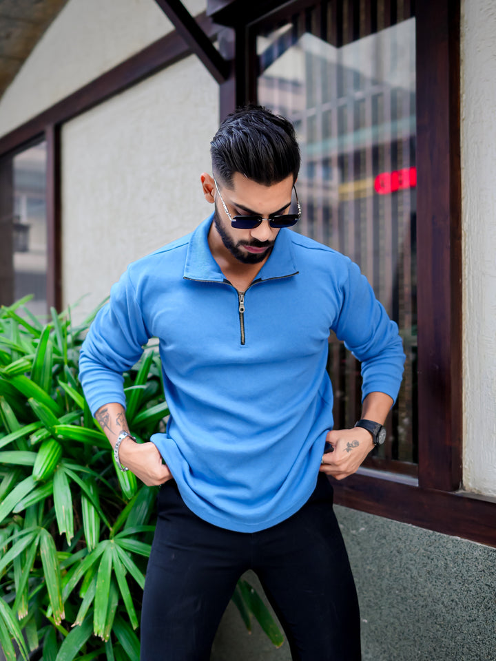 Blue Rib Zipper Self Design T-Shirt
