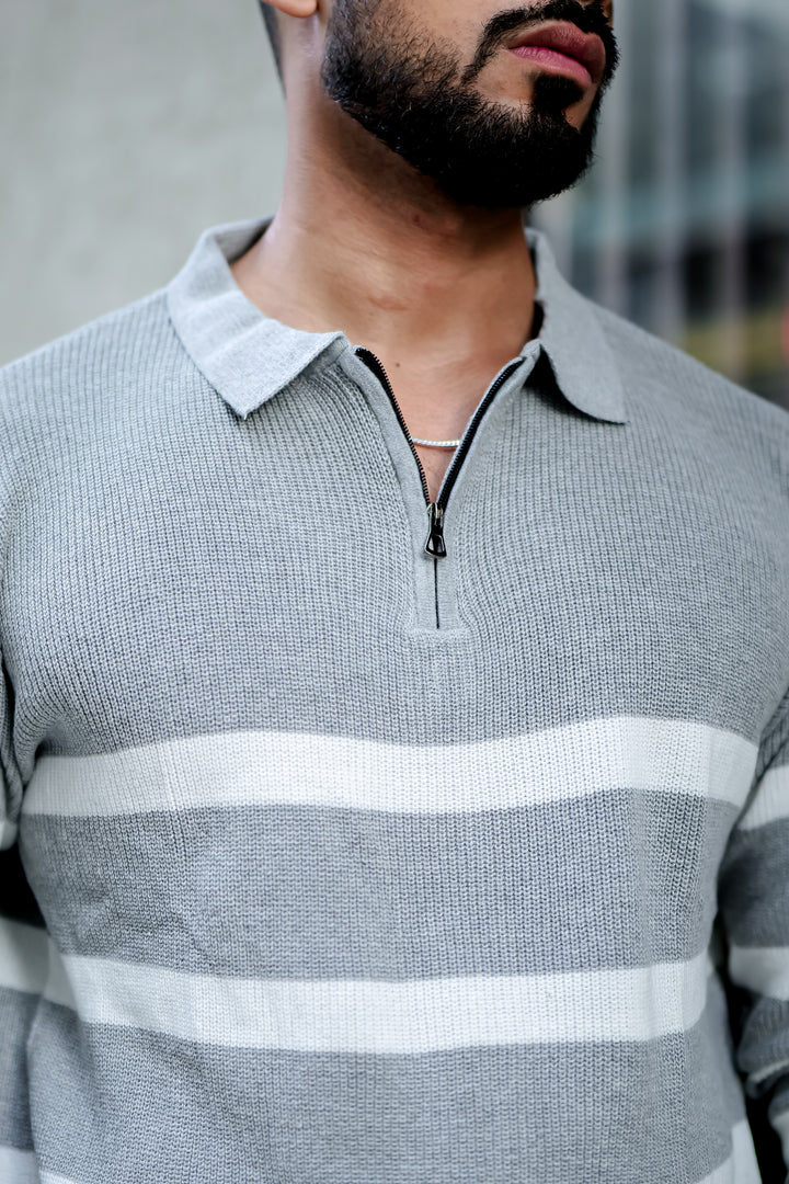 Grey Texture Zipper Pullover T-Shirt
