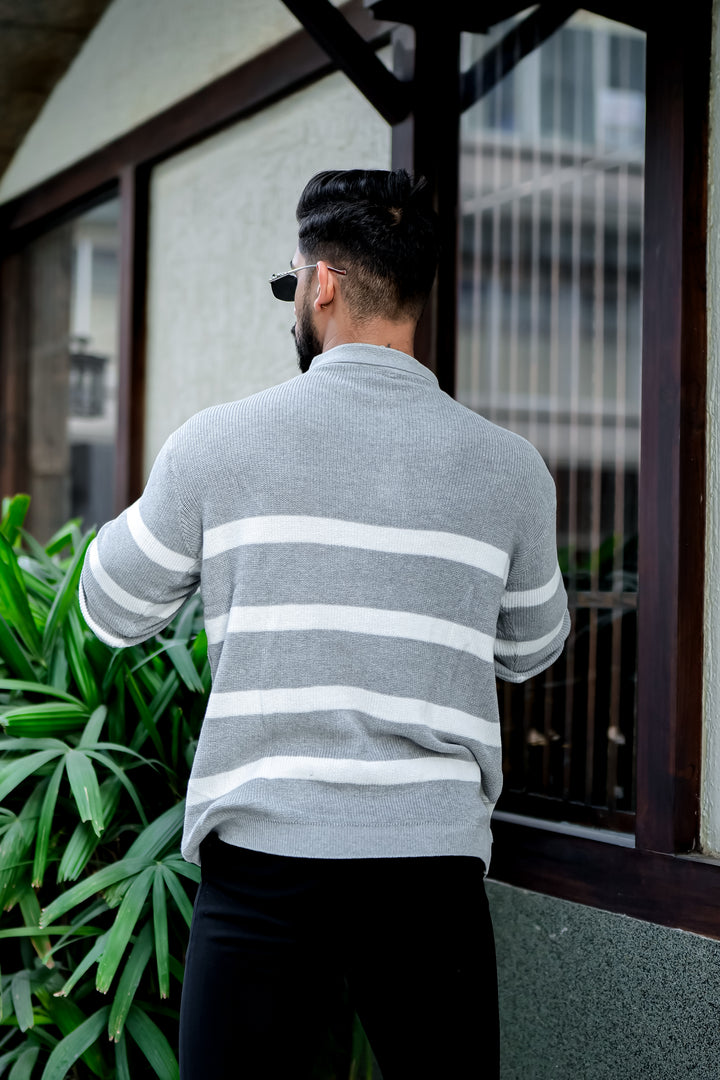 Grey Texture Zipper Pullover T-Shirt