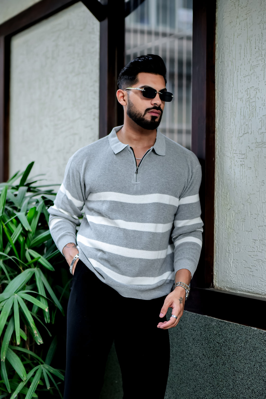 Grey Texture Zipper Pullover T-Shirt