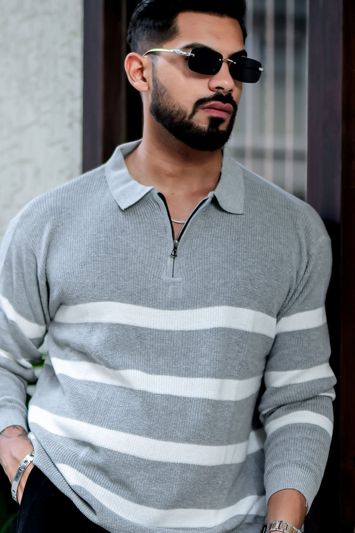 Grey Texture Zipper Pullover T-Shirt