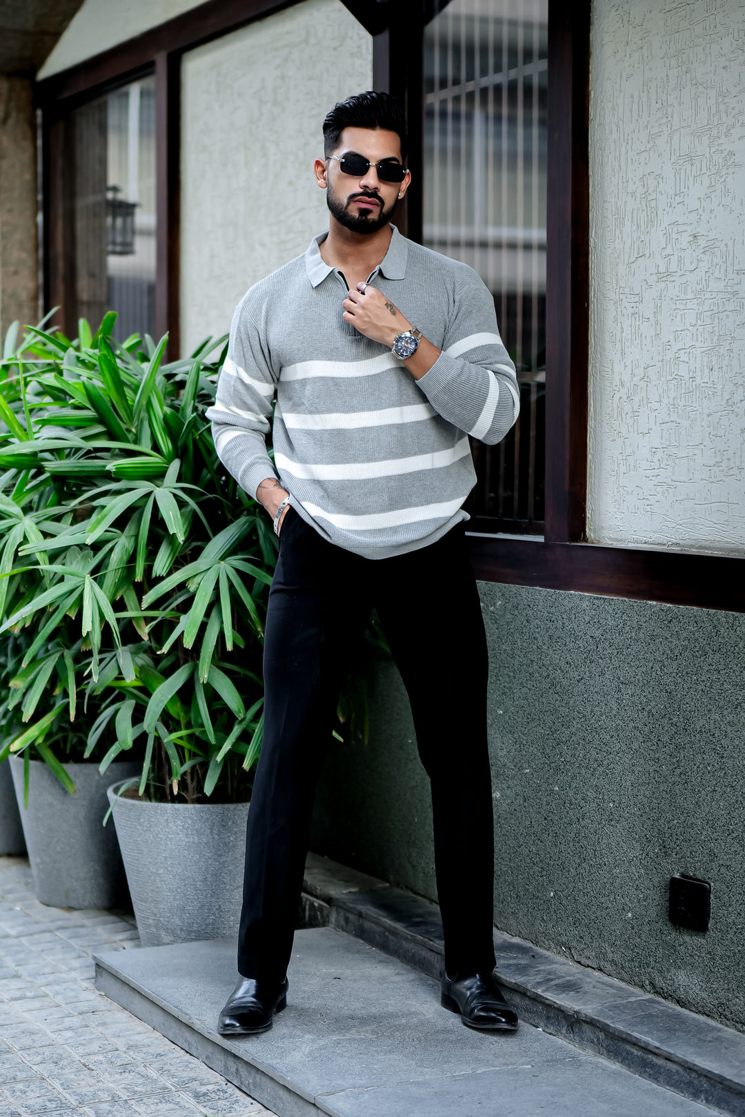 Grey Texture Zipper Pullover T-Shirt