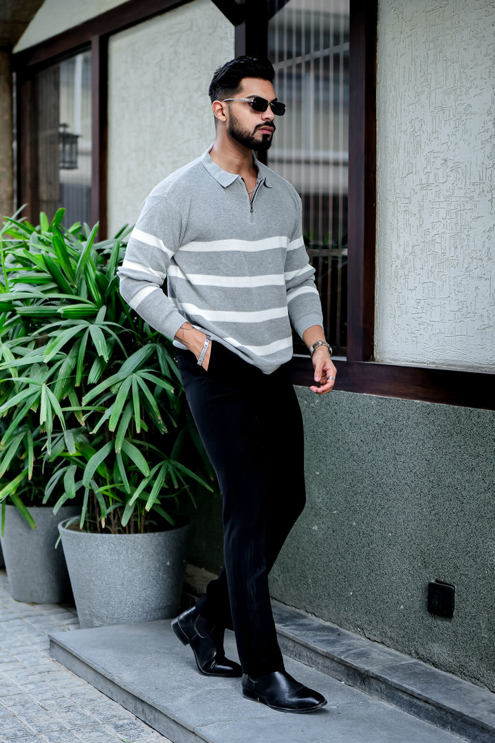 Grey Texture Zipper Pullover T-Shirt