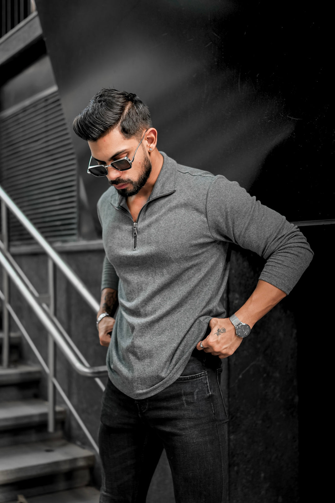 Dark Grey Self Design Zipper T-Shirt