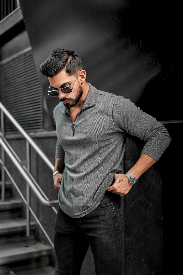 Dark Grey Self Design Zipper T-Shirt