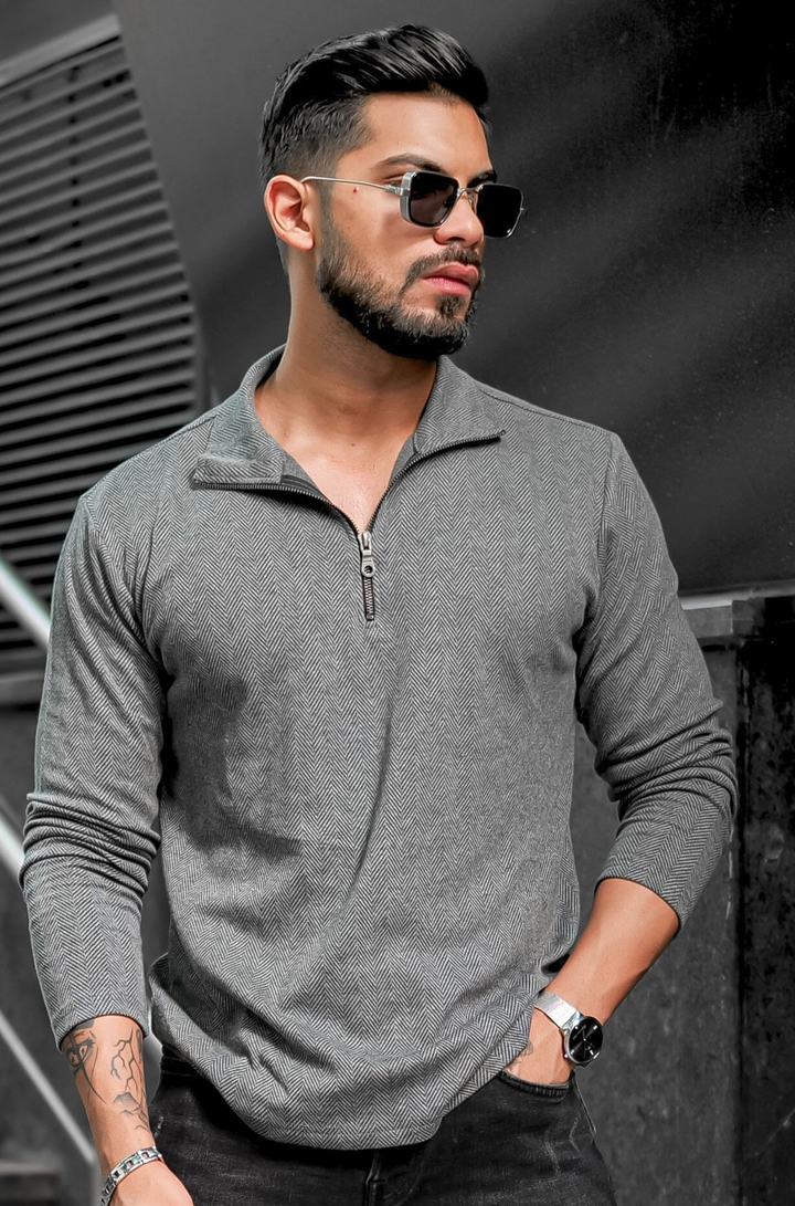 Dark Grey Self Design Zipper T-Shirt