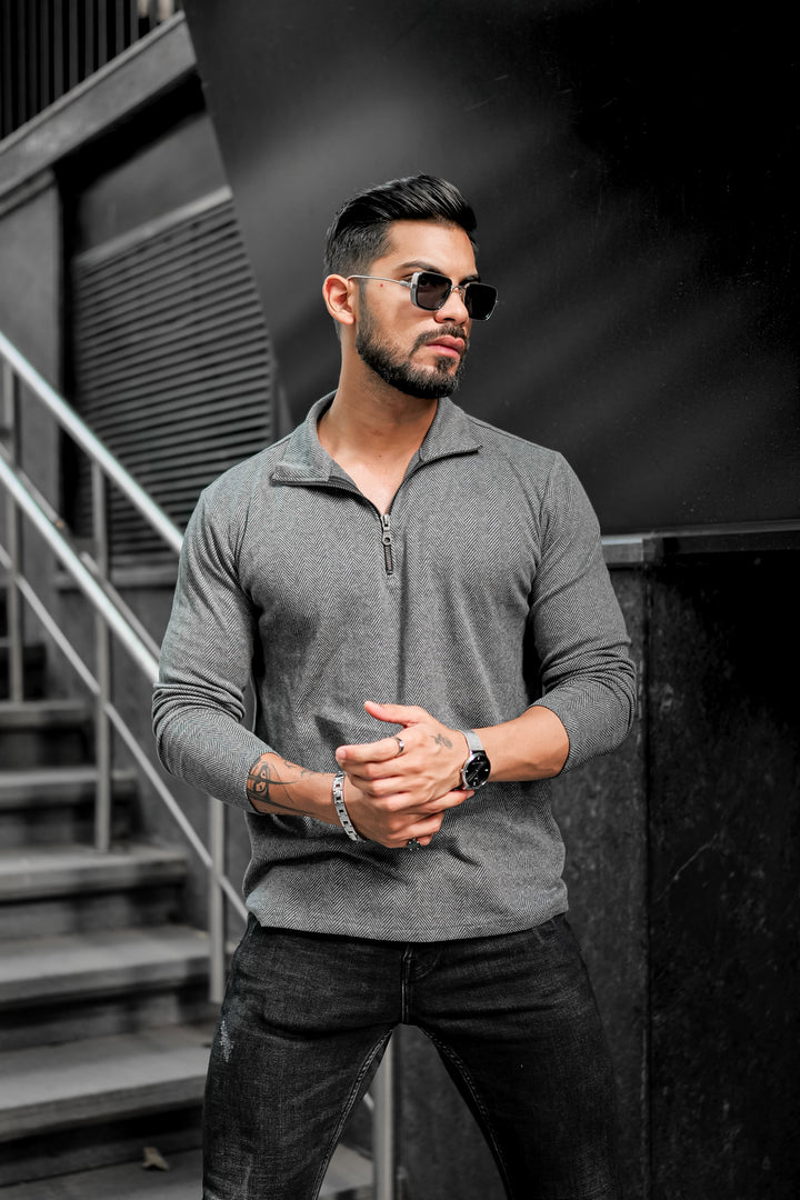 Dark Grey Self Design Zipper T-Shirt