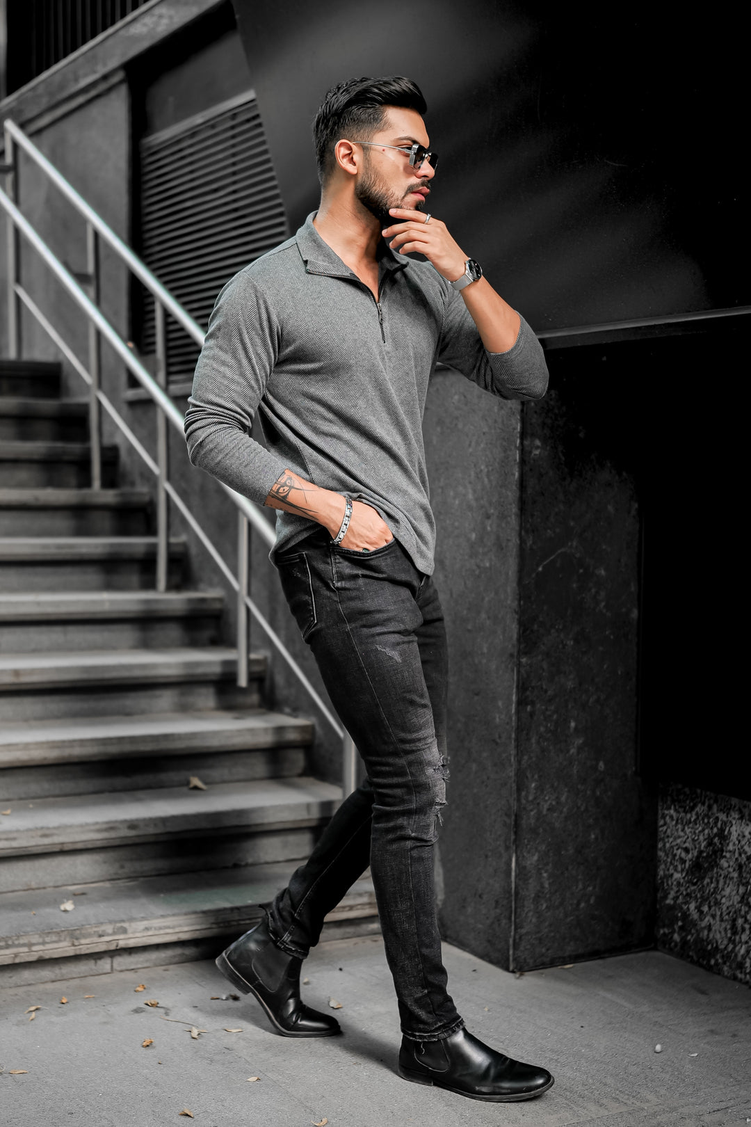Dark Grey Self Design Zipper T-Shirt