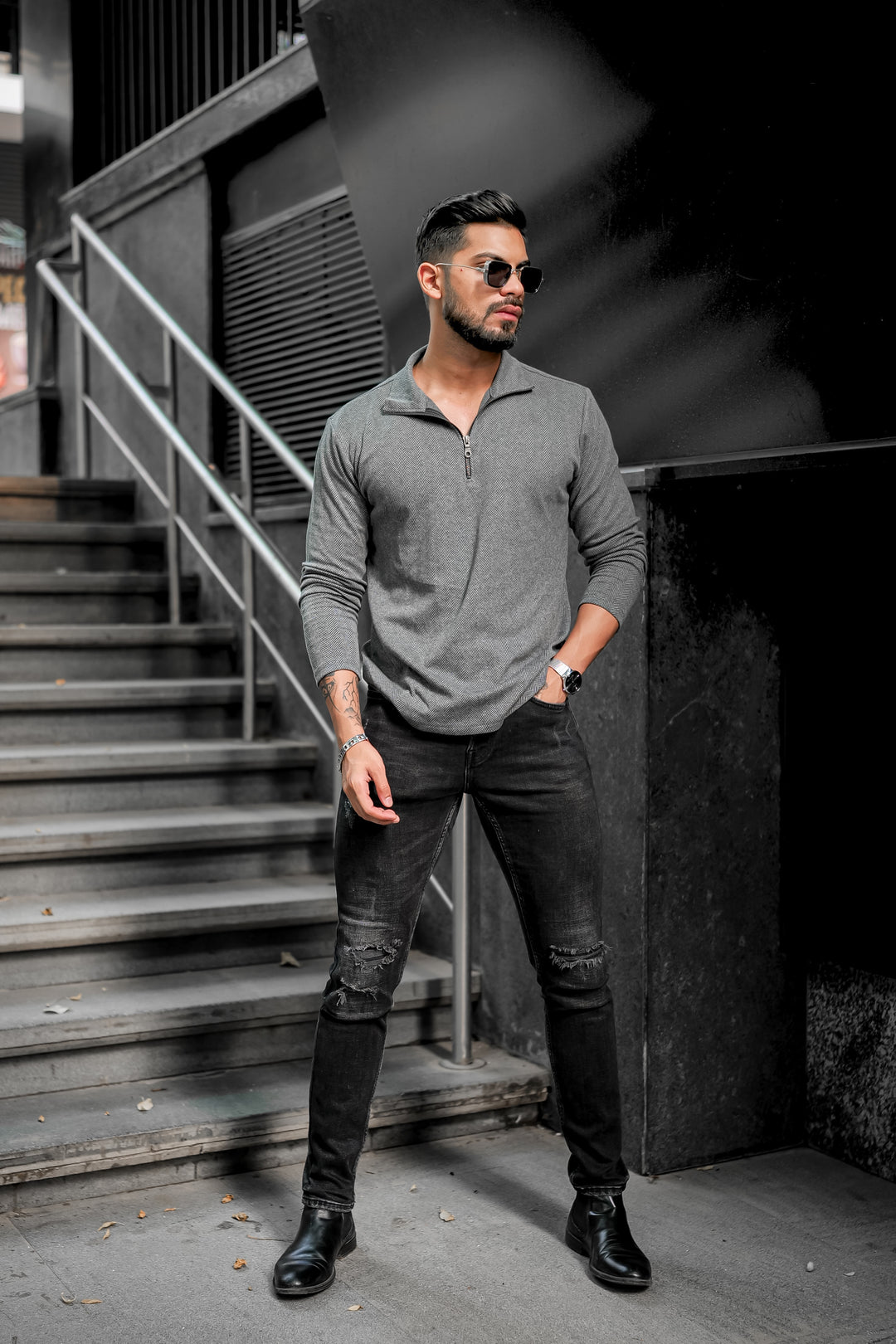 Dark Grey Self Design Zipper T-Shirt