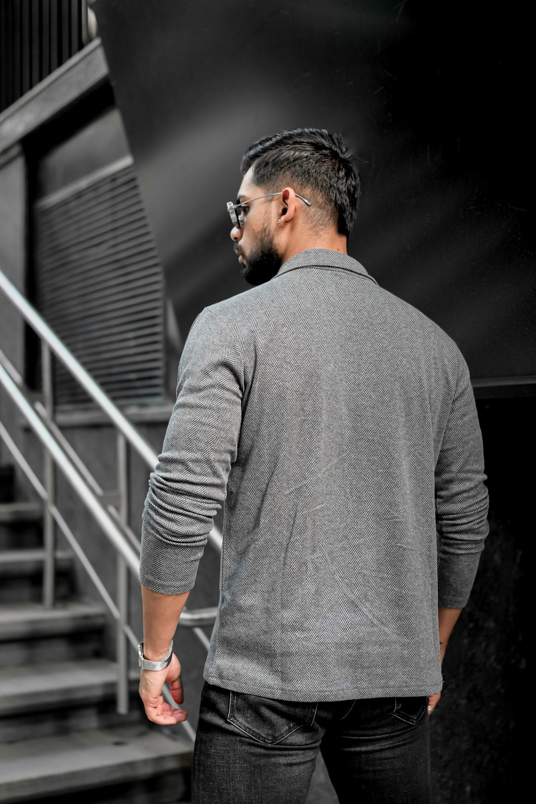 Dark Grey Self Design Zipper T-Shirt